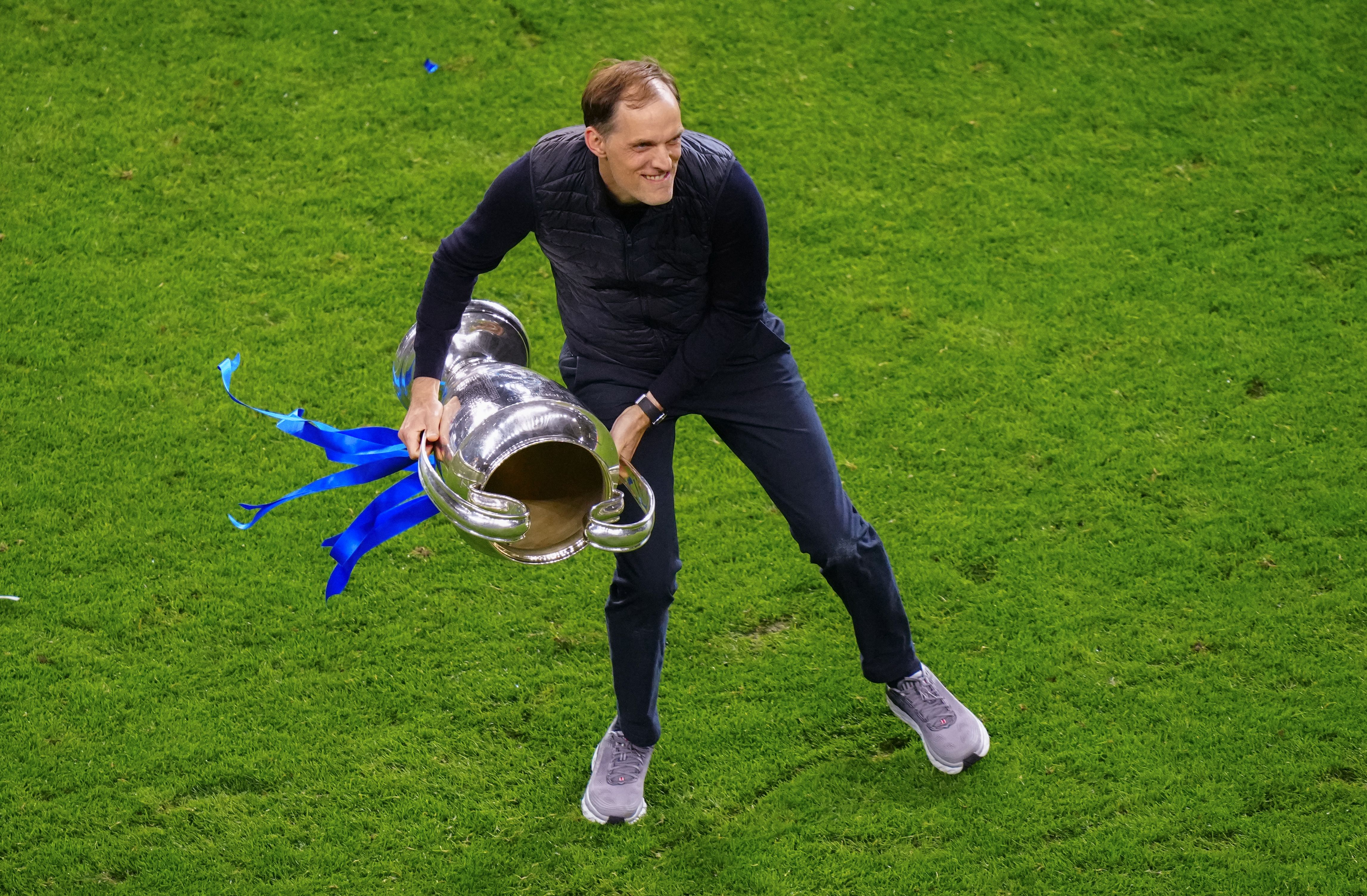 Thomas Tuchel celebrates winning the Champions League with Chelsea in Porto