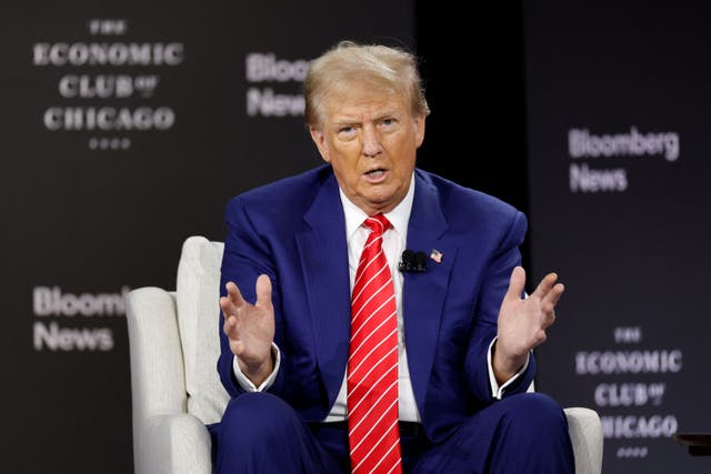 <p>Former US President and Republican presidential candidate Donald Trump speaks during an interview with Bloomberg Editor-in-Chief John Micklethwait at the Economic Club of Chicago, in Chicago, Illinois, on October 15, 2024</p>