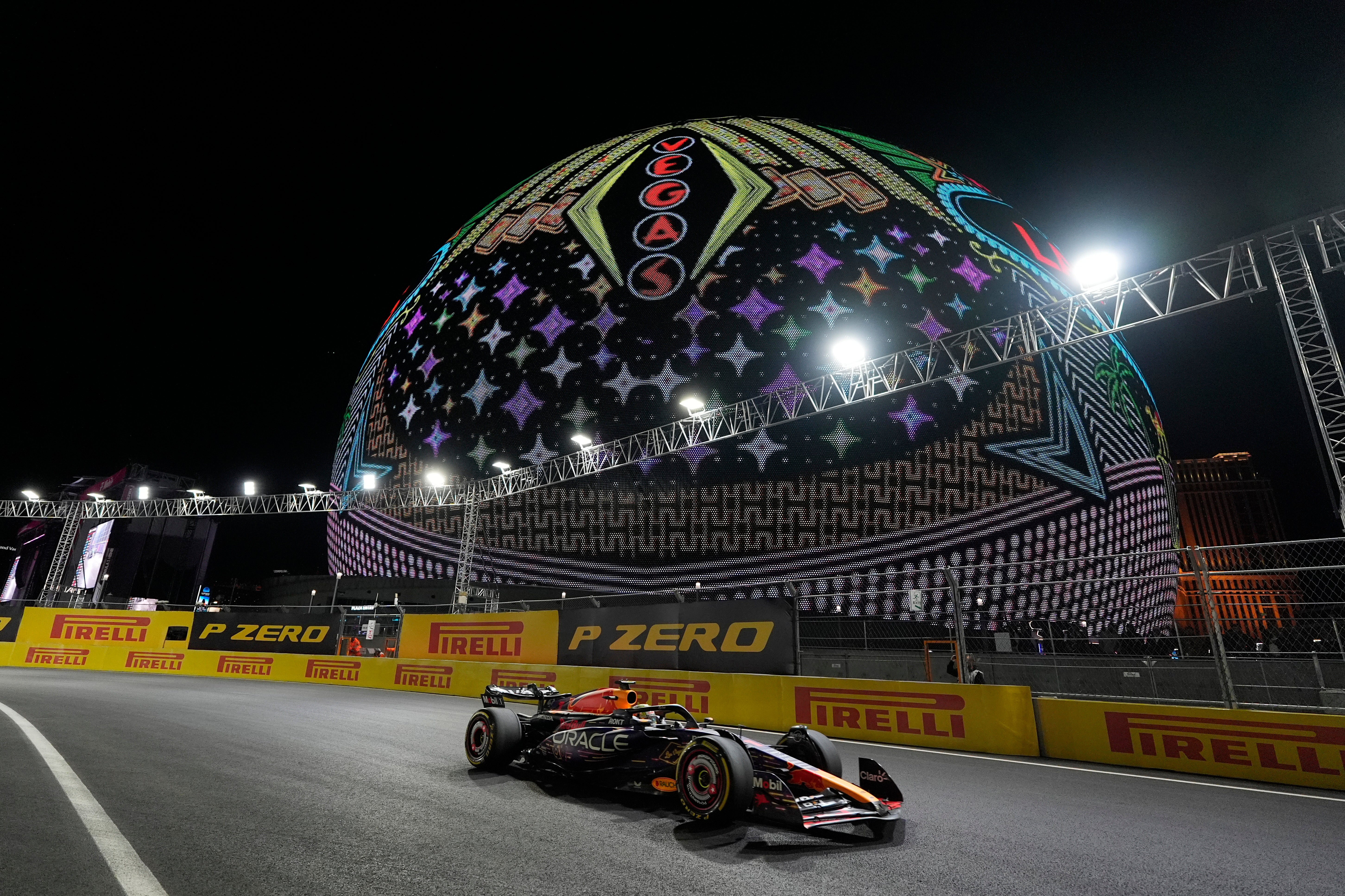 Red Bull driver Max Verstappen, of the Netherlands, drives past the Sphere during the Formula One Las Vegas Grand Prix