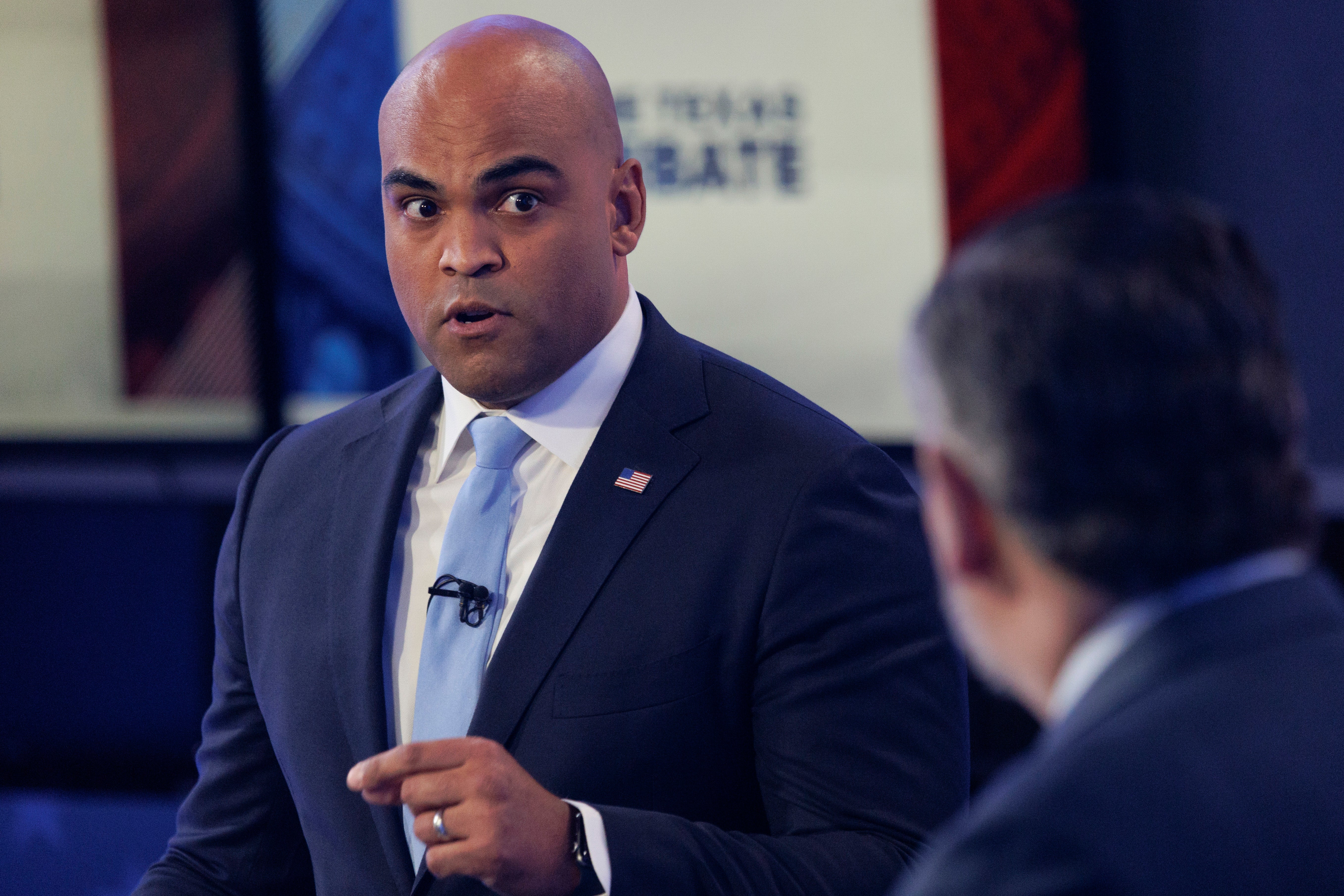 Allred speaks during Tuesday's Senate debate with Cruz