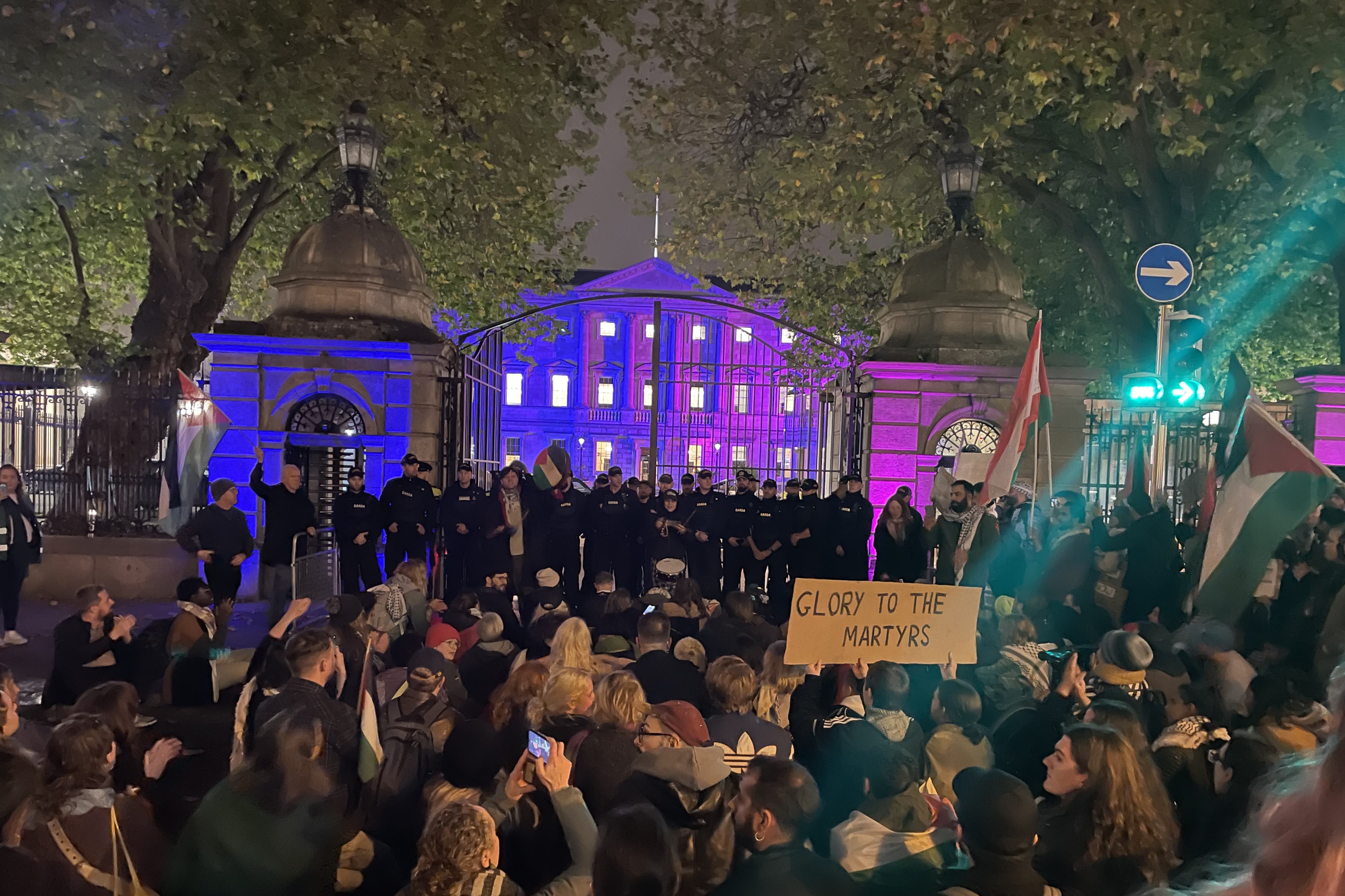 Protesters gather outside the gates of Leinster House, Dublin, calling for sanctions to be imposed on Israel and a bill to be implemented that would ban imports from illegal Israeli settlements in Palestinian lands. Picture date: Tuesday October 15, 2024.