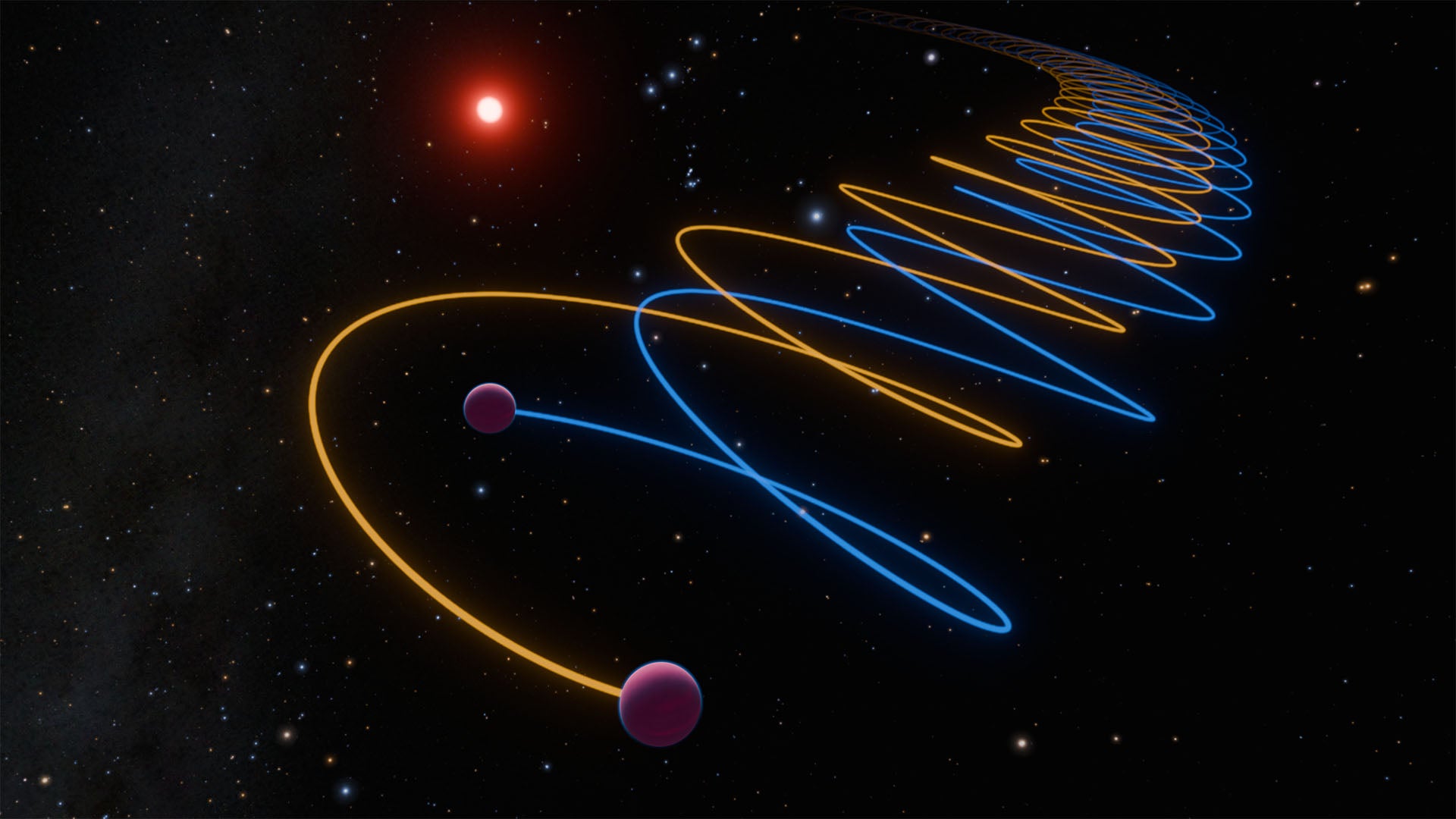 The brown dwarf twins, Gliese 229Ba and Gliese 229Bb, orbit around each other in this illustration. Gliese 229B, which was first discovered in 1995, is approximately 18 light-years away from Earth in the constellation Lepus