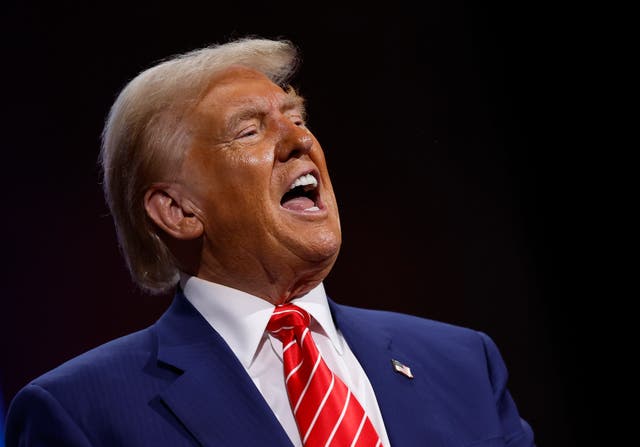 <p>Republican presidential nominee, former U.S. President Donald Trump delivers remarks during a campaign rally at the Cobb Energy Performing Arts Centre on October 15, 2024 in Atlanta, Georgia</p>