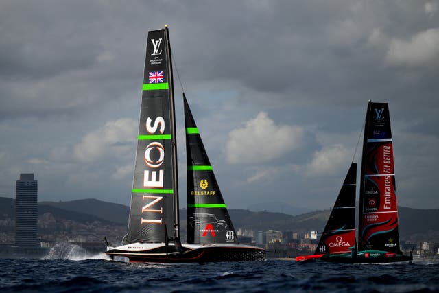 <p>Ineos Britannia, left, battling Emirates New Zealand in race six in Barcelona</p>