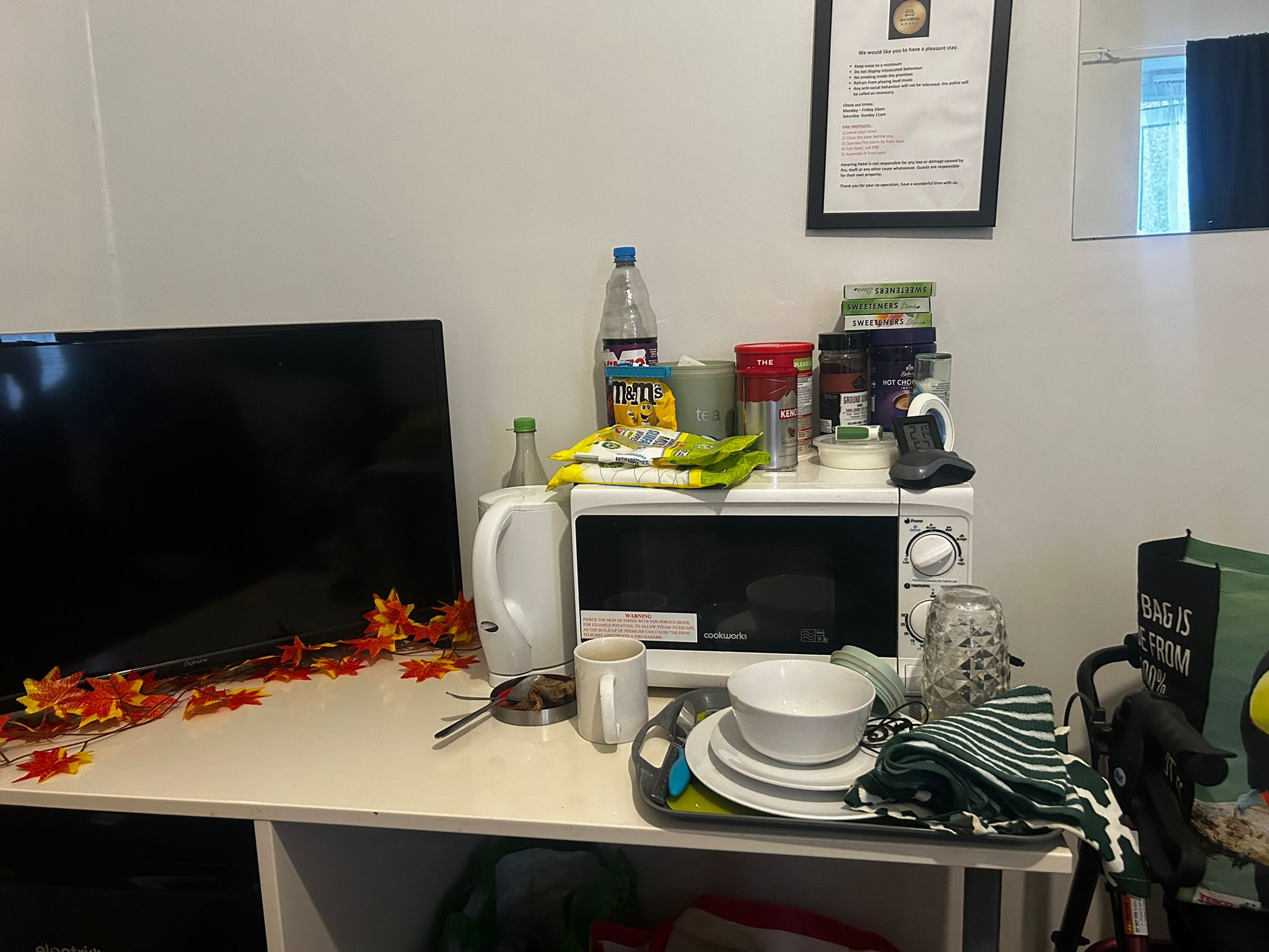 She has a microwave and a kettle in her room to make food