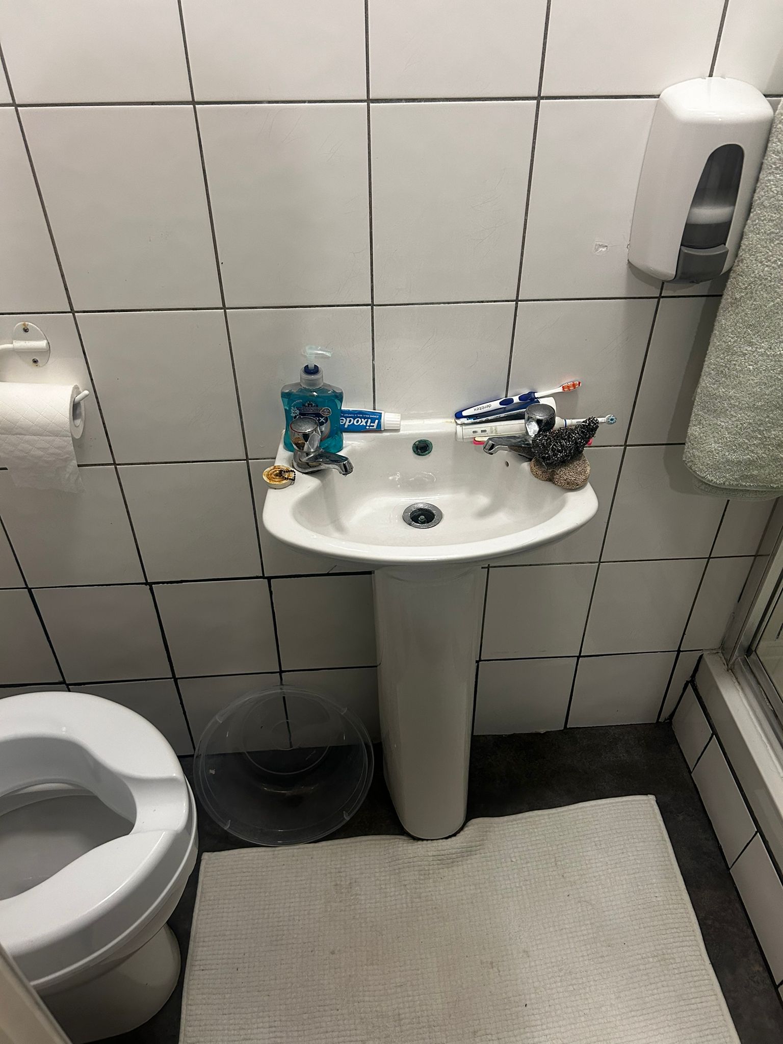 Ms Curtis has to use this tiny sink and a plastic bowl (pictured) to wash