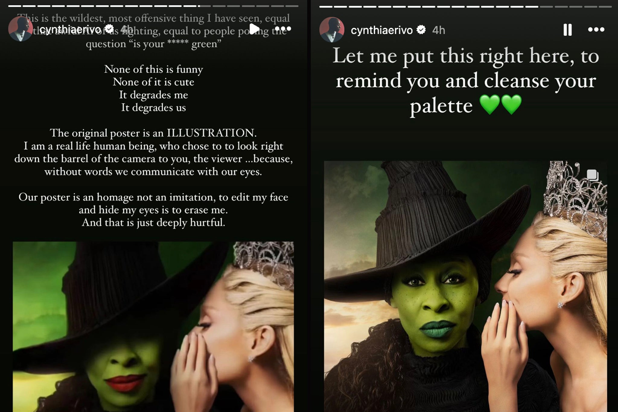 De Instagram-posts van Cynthia Erivo noemen bewerkingen van fans op de 'Wicked'-poster 'aanstootgevend'