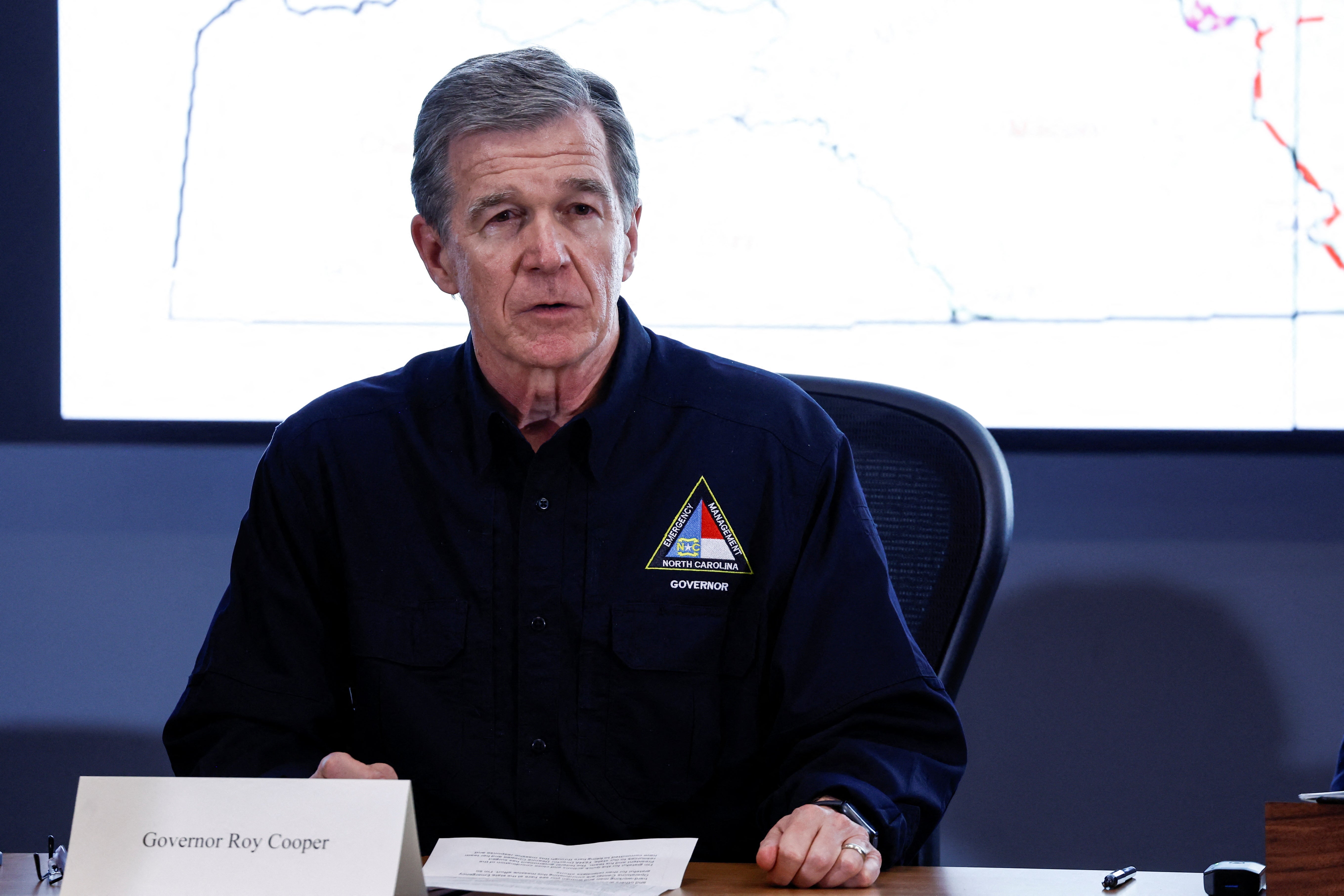 North Carolina Governor Roy Cooper attends a briefing on the Hurricane Helene response earlier this month in the state’s capital city of Raleigh. On Tuesday, the governor slammed the spread of misinformation regarding FEMA’s presence in the state, calling it ‘dangerous.’