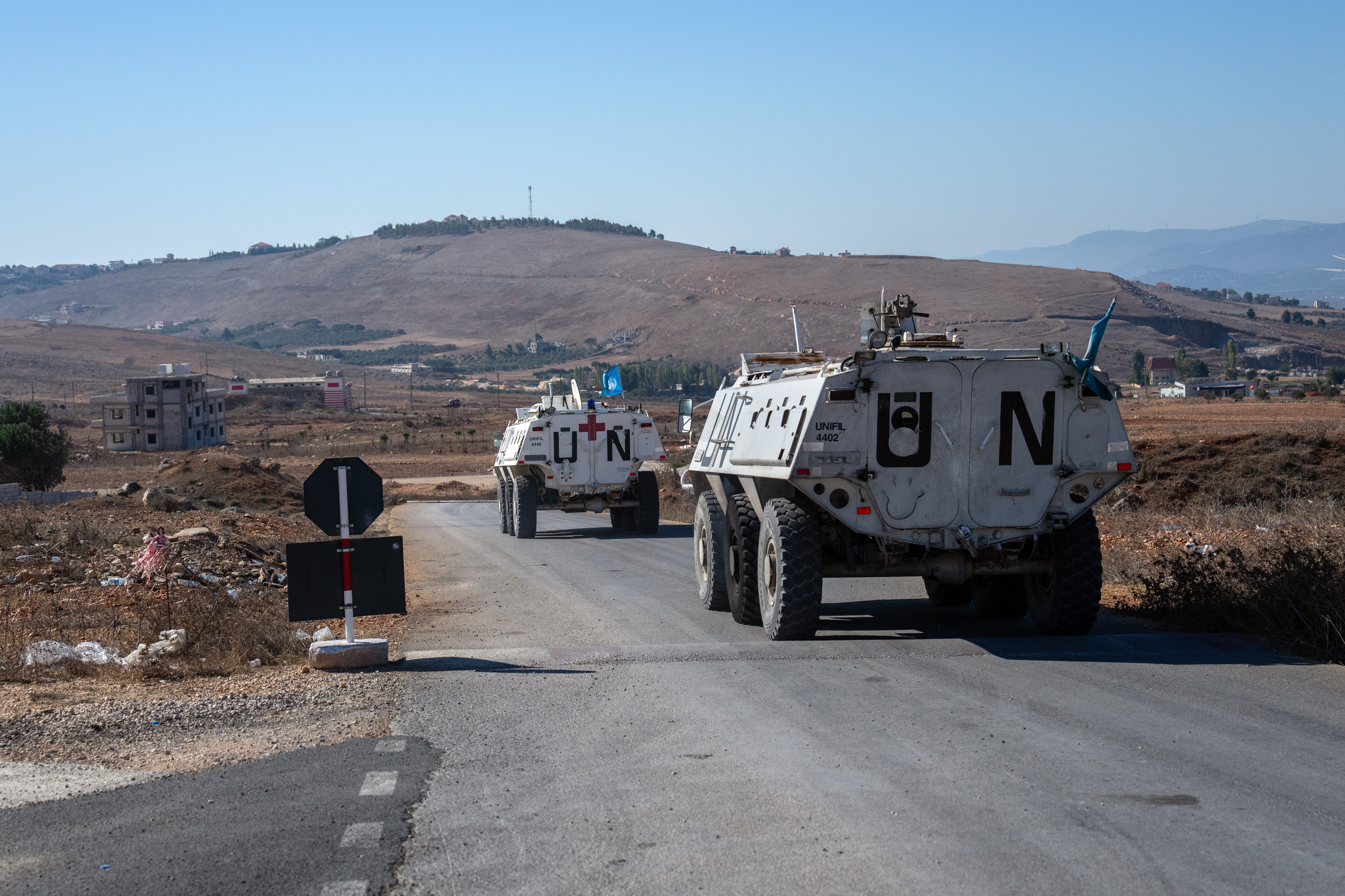 Armored personnel carriers from Unifil (United Nations Interim Force in Lebanon) leave a base to patrol near the Lebanese-Israeli border