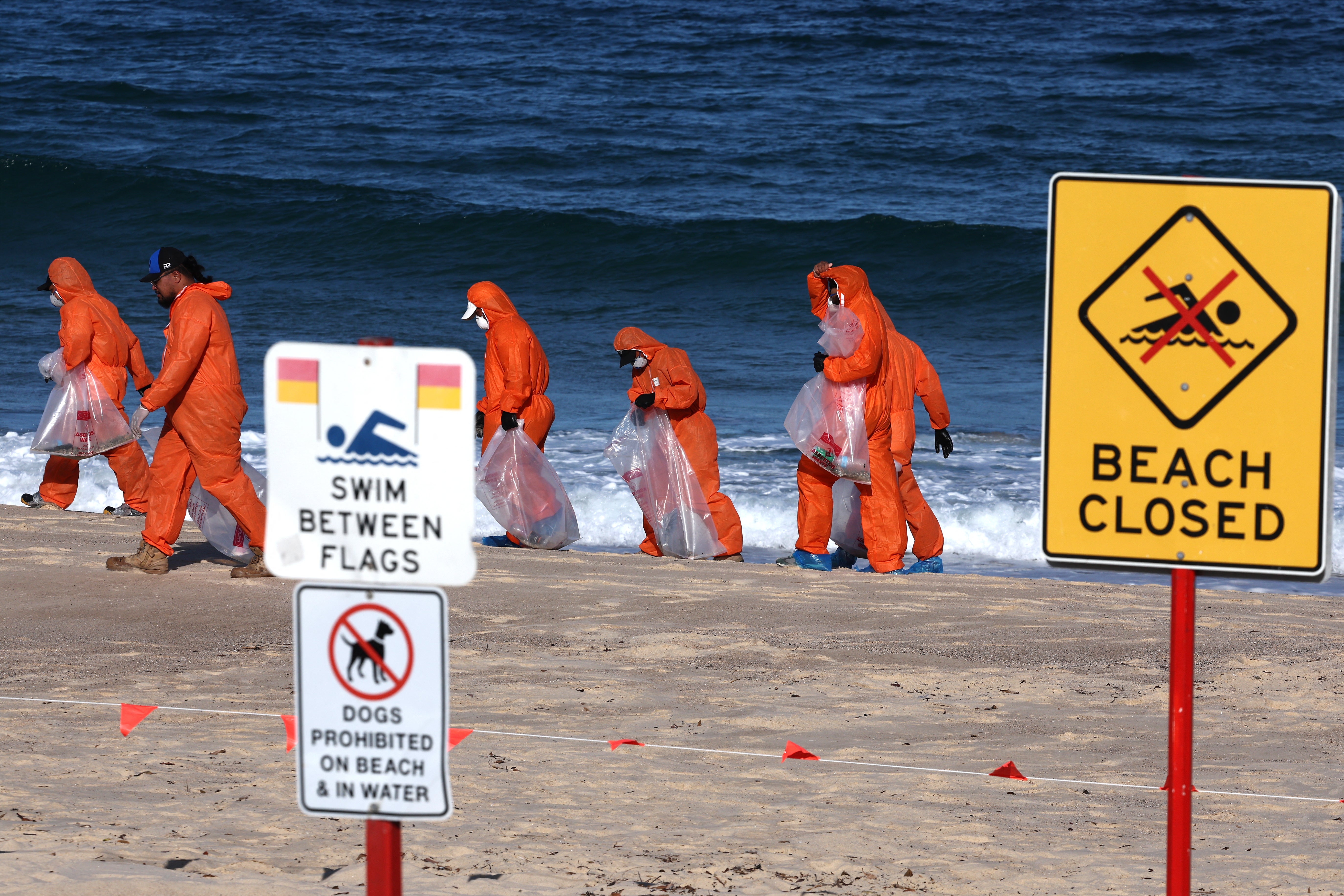 Workers in protective suits conduct a cleanup operation to clear petroleum-based "tar balls" washed ashore on Coogee Beach in Sydney