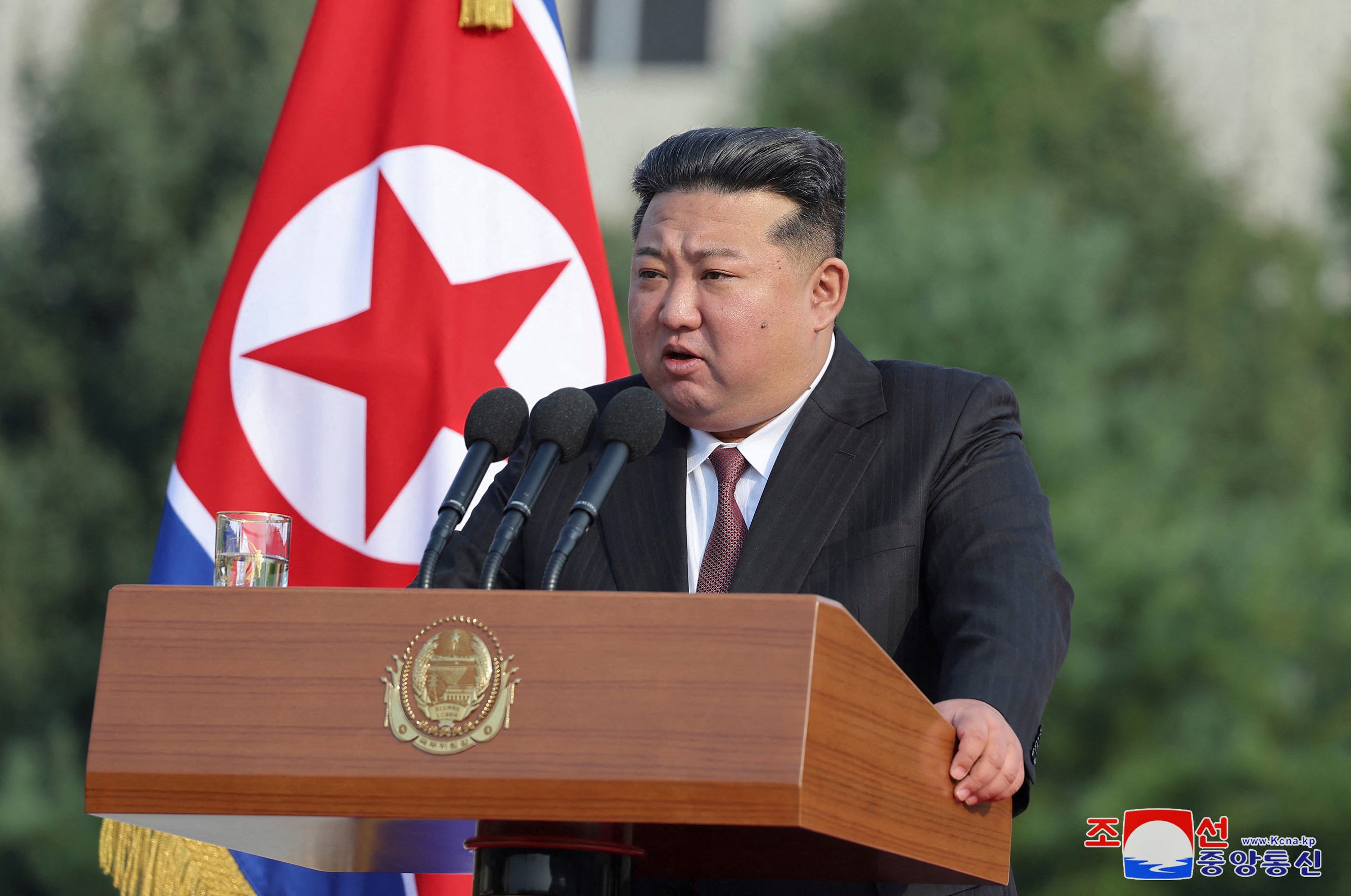 <p>This picture taken on 7 October 2024 and released from North Korea's official Korean Central News Agency (KCNA) via KNS on 8 October 2024 shows Kim Jong-un delivering a speech at Kim Jong-un University of National Defence for its 60th founding anniversary in Pyongyang</p>