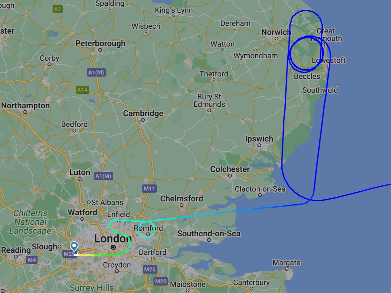 Flight path of Air India flight AI129 from Mumbai to London Heathrow on 17 October 2024, when it was the subject of a bomb threat