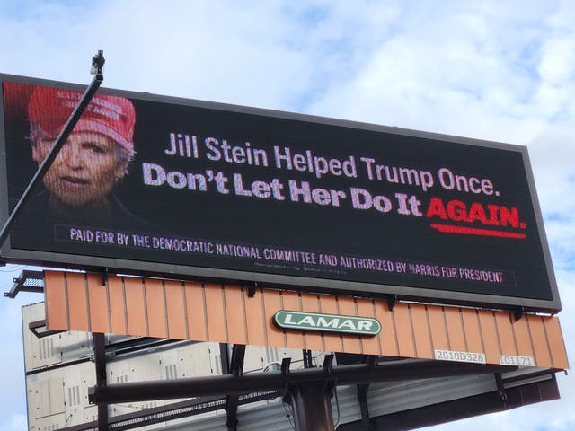 <p>A billboard paid for by the Democratic National Committee attacking Green Party Candidate Jill Stein in Dearborn, Michigan</p>