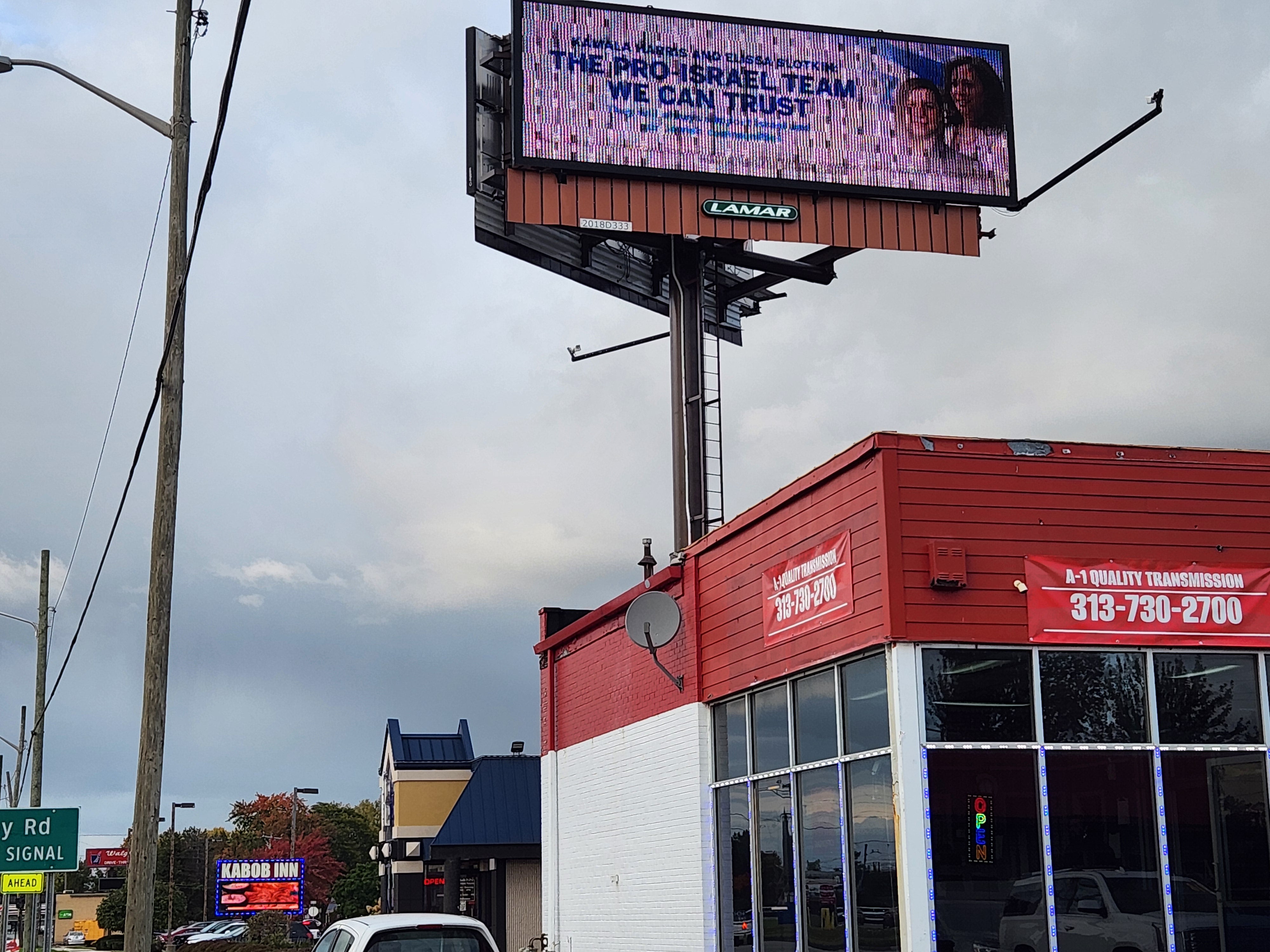 A second billboard, this one aimed at highlighting Kamala Harris’s support for Israel and ties to American Jewish communities, hangs over a Halal restaurant in Dearborn, Michigan, the only Muslim-majority city in America.