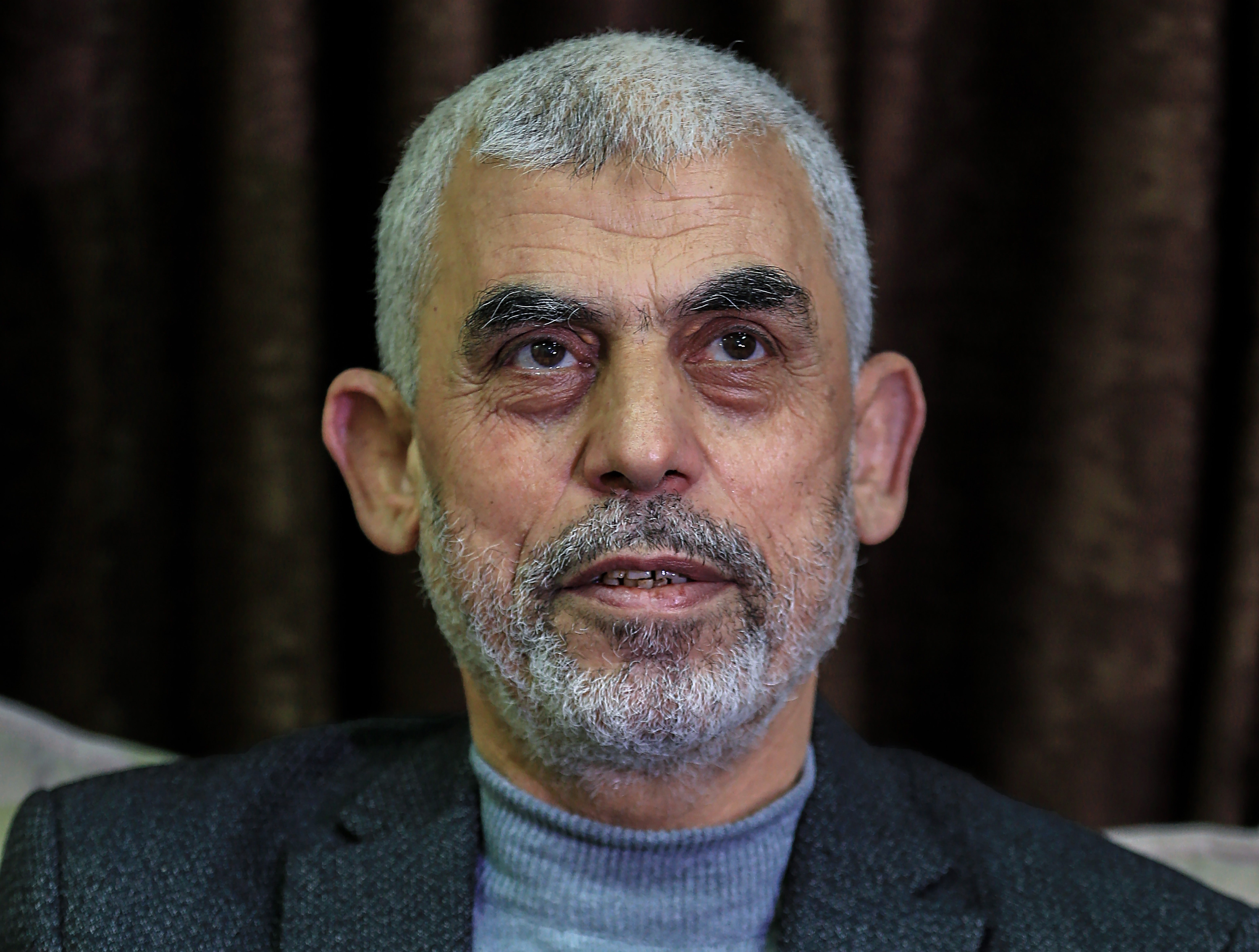 Hamas Gaza leader Yahya Al Sinwar attends a press conference in Gaza City in May 2021