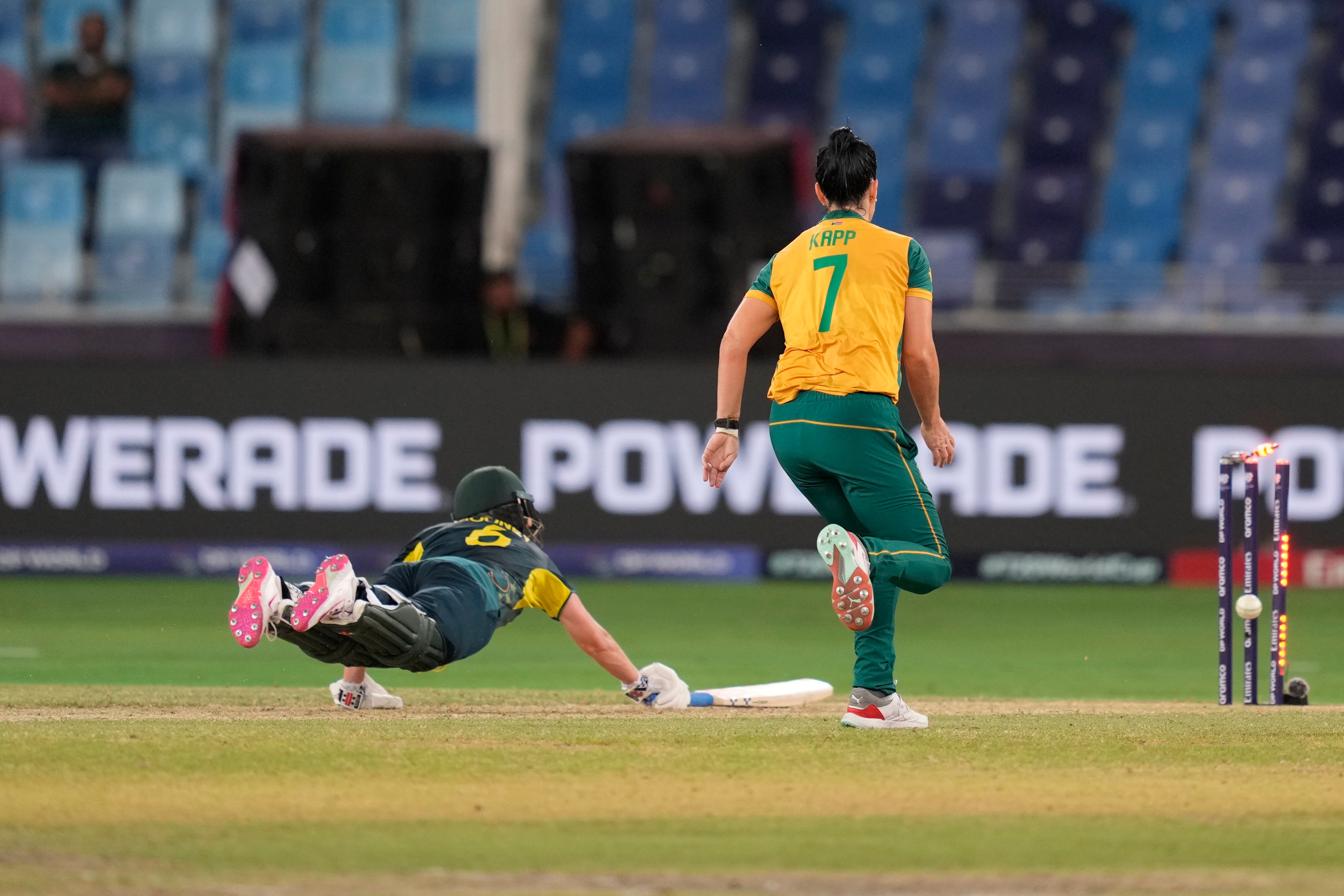 South Africa's Marizanne Kapp runs out Australia's Beth Mooney