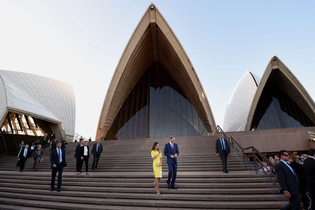 The Duke and Duchess of Cambridge leave the Sydney Opera House following a reception hosted by the governor and premier of New South Wales during the 10th day of their official tour to New Zealand and Australia in 2014 (Anthony Devlin/PA)