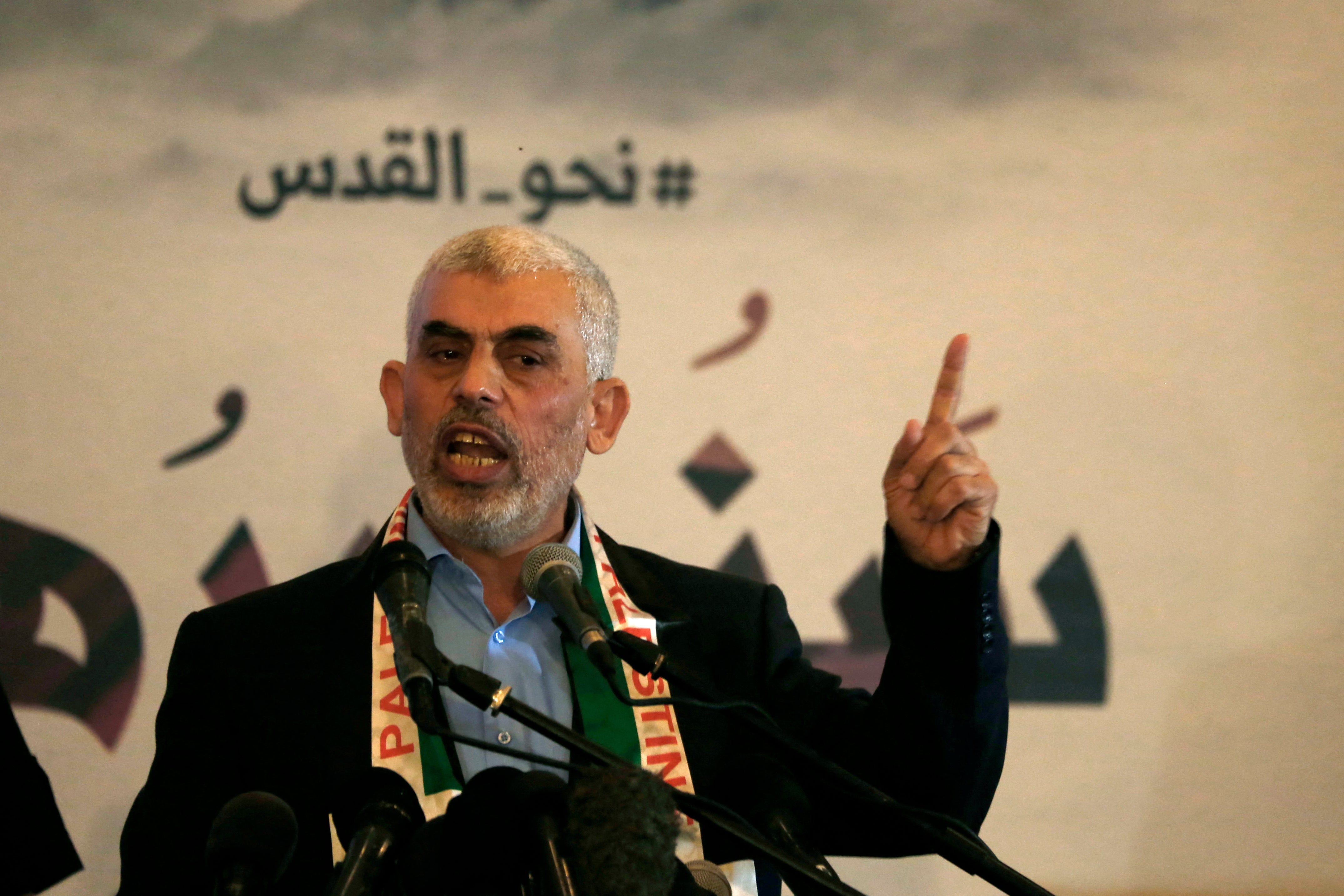 Hamas' leader in the Gaza Strip Yahya Sinwar speaks at a press conference for Quds (Jerusalem) day in Gaza City in 2019