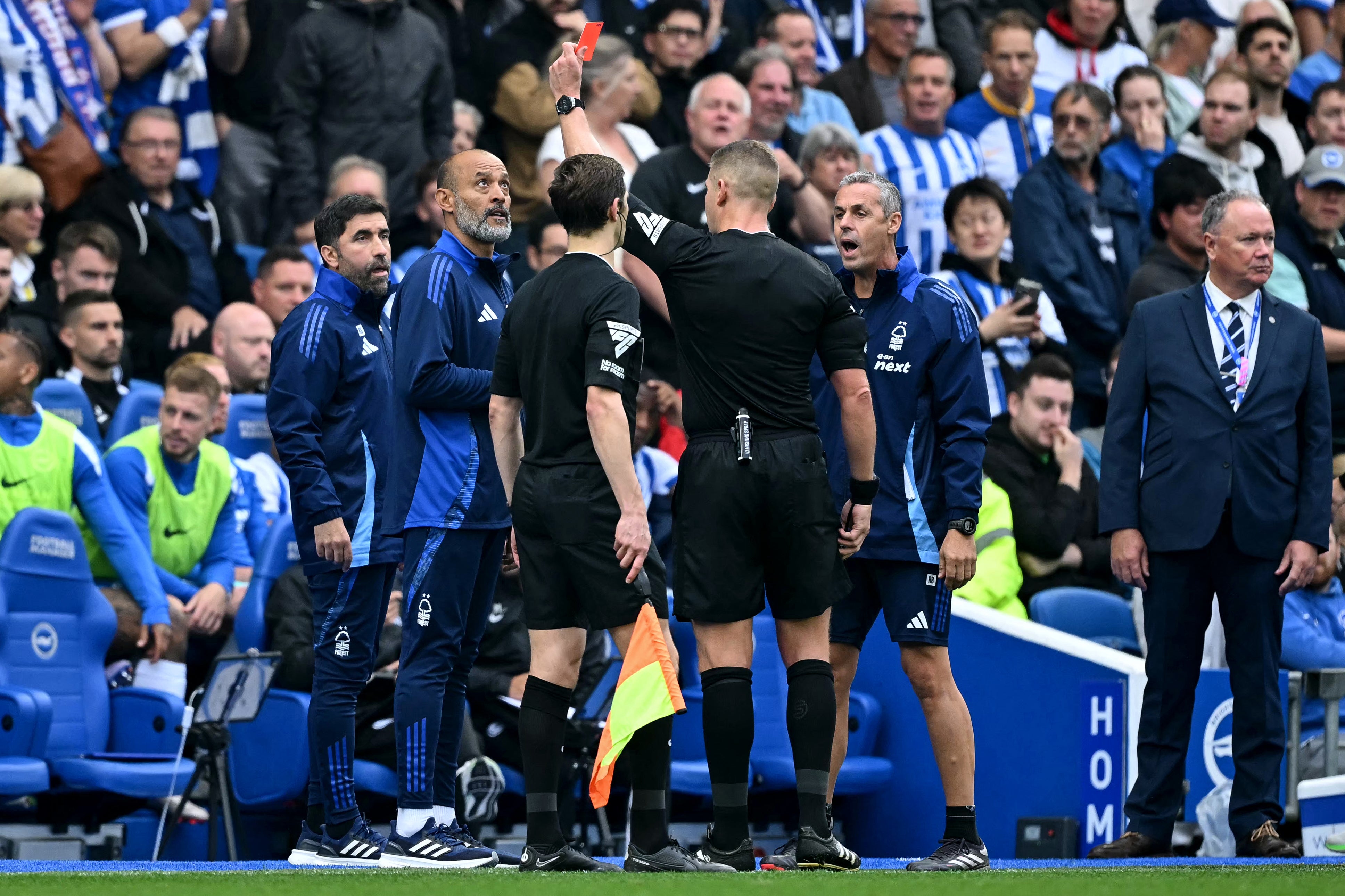 Nuno Espirito Santo is shown a red card by English Referee Robert Jones