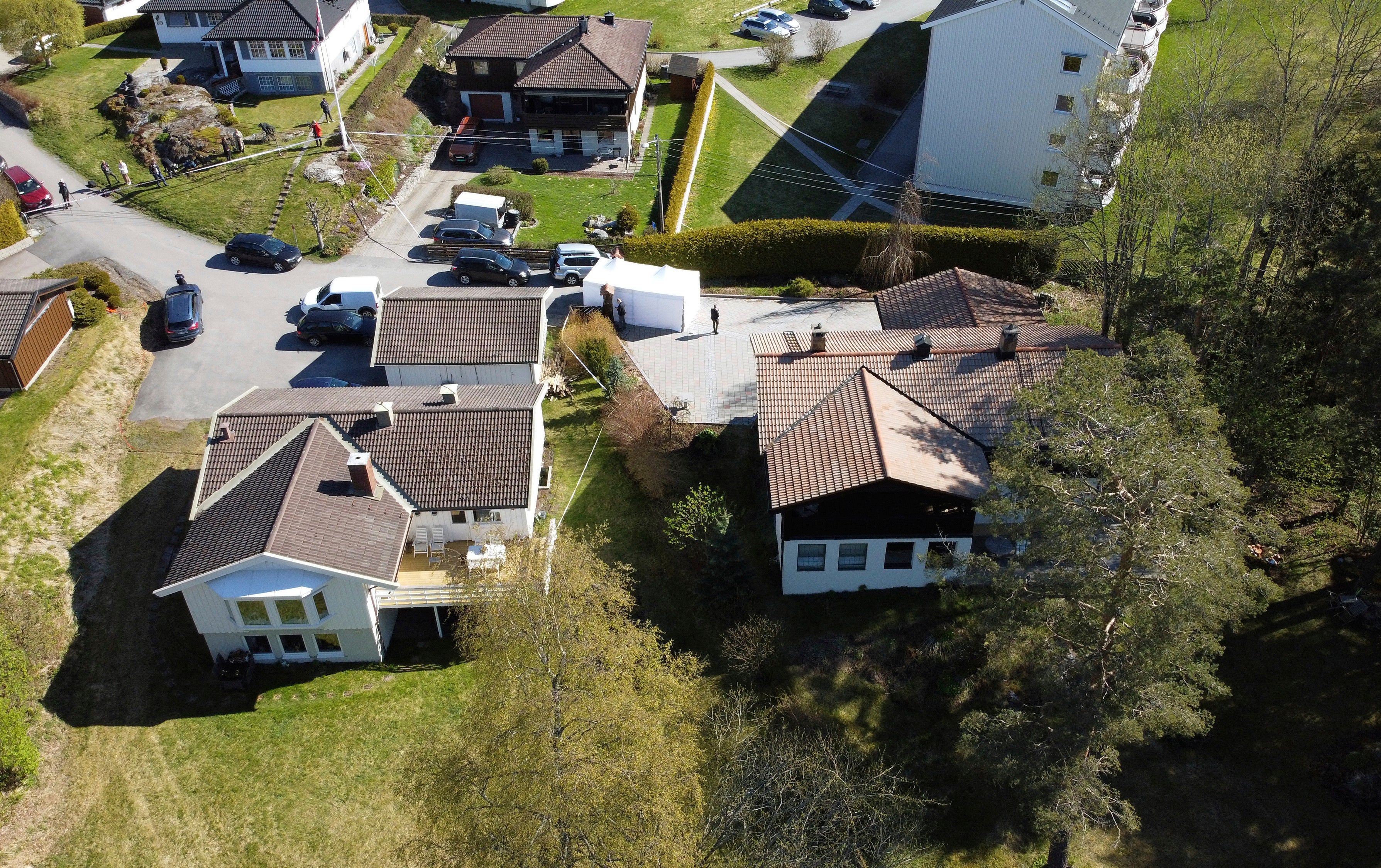 An aerial view of the property of Tom Hagen as police conduct a search for his wife, in Lorenskog, Norway