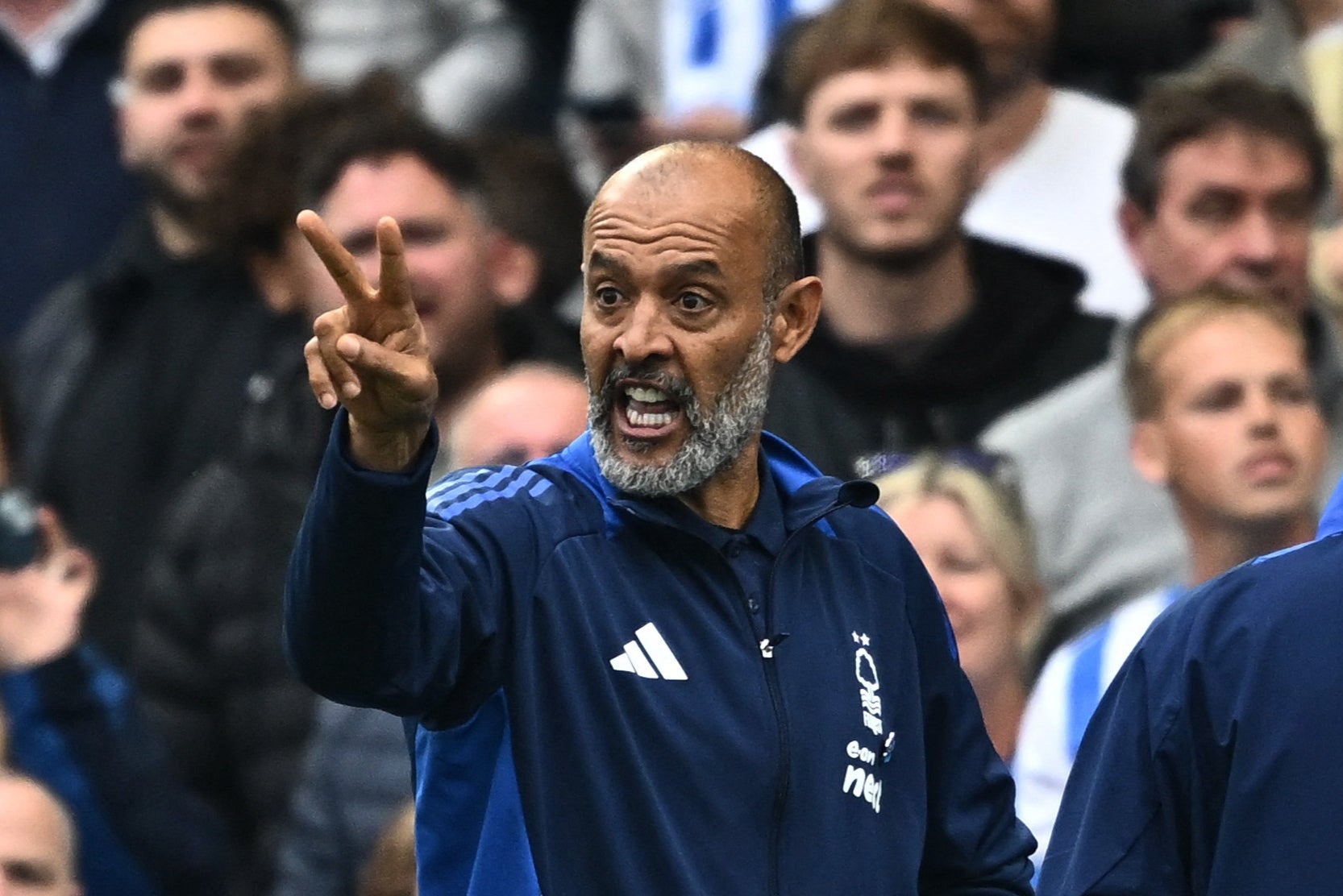 Nottingham Forest manager Nuno Espirito Santo reacts after Morgan Gibbs-White is shown a red card