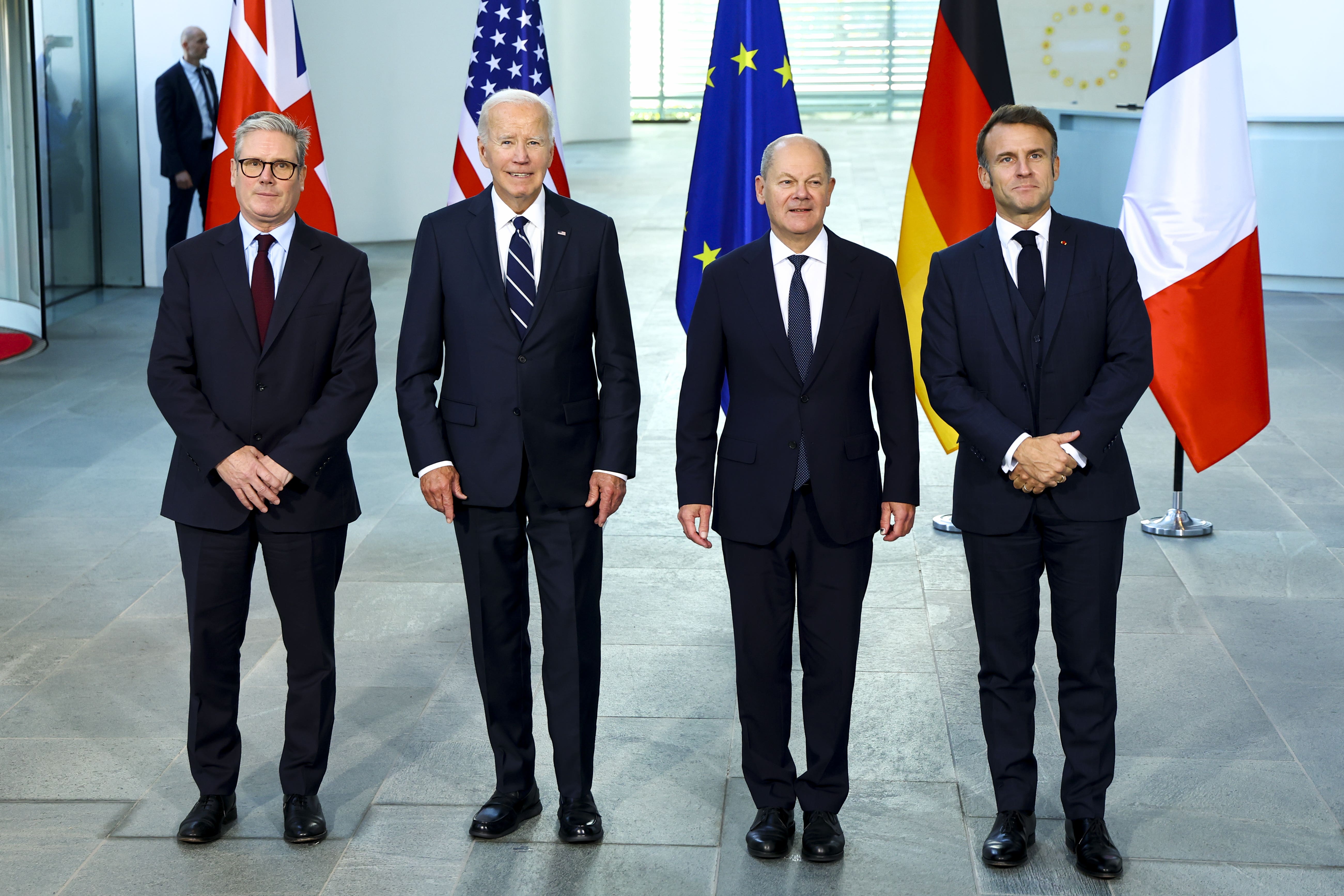 Prime Minister Sir Keir Starmer, US President Joe Biden, German Chancellor, Olaf Scholz and French President Emmanuel Macron, ahead of a quad meeting at the Chancellery in Berlin (Fabrizio Bensch/PA)