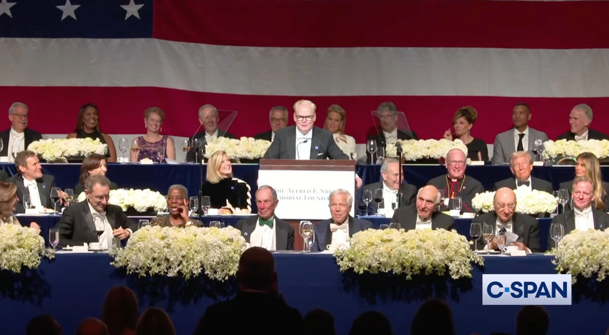 Jim Gaffigan takes a break from the SNL waltz to host Al Smith’s “Family Feud” night with Trump and Letitia James