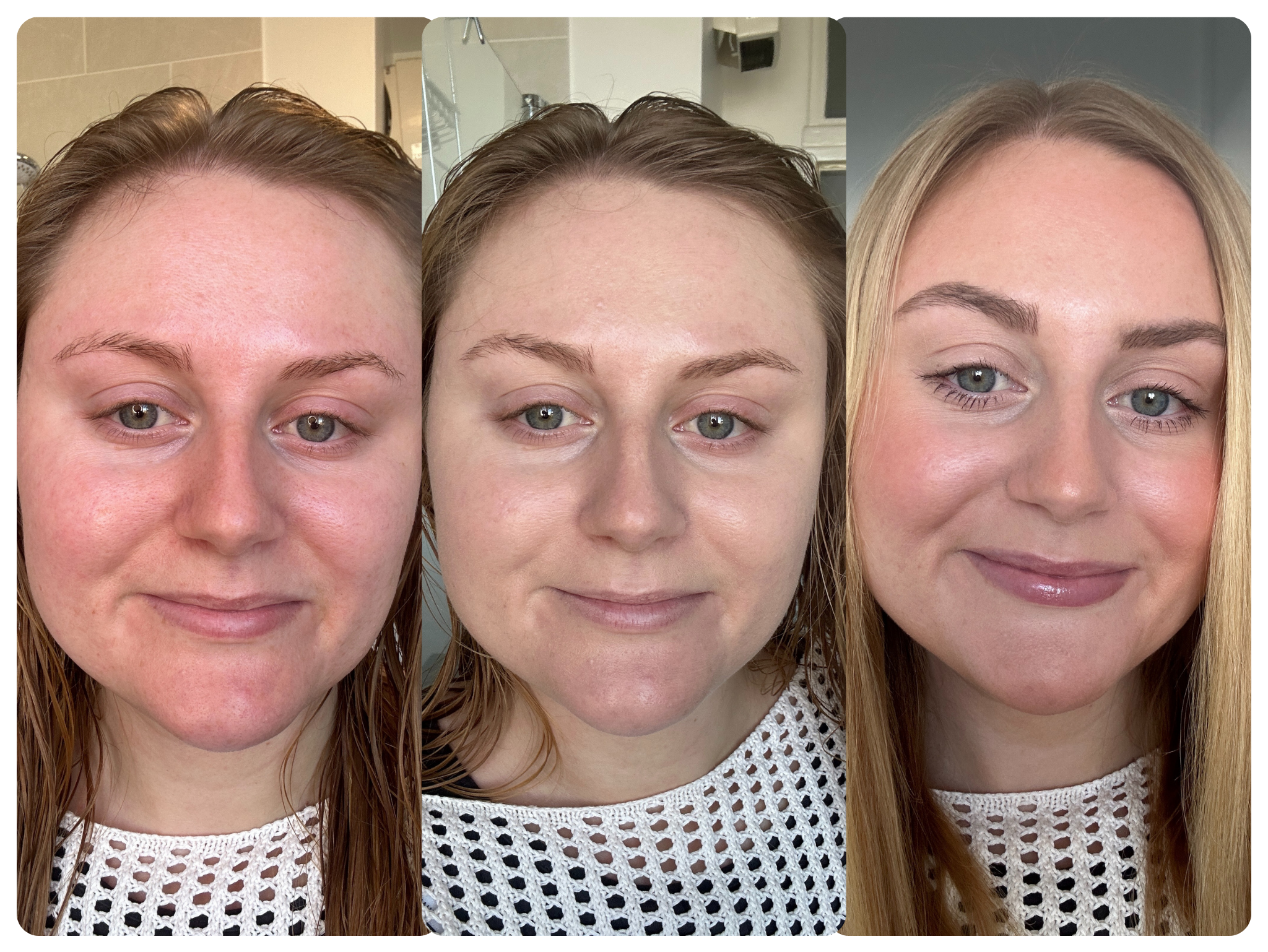 (Left) without foundation, (middle) with only foundation and (right) with a full face of make-up