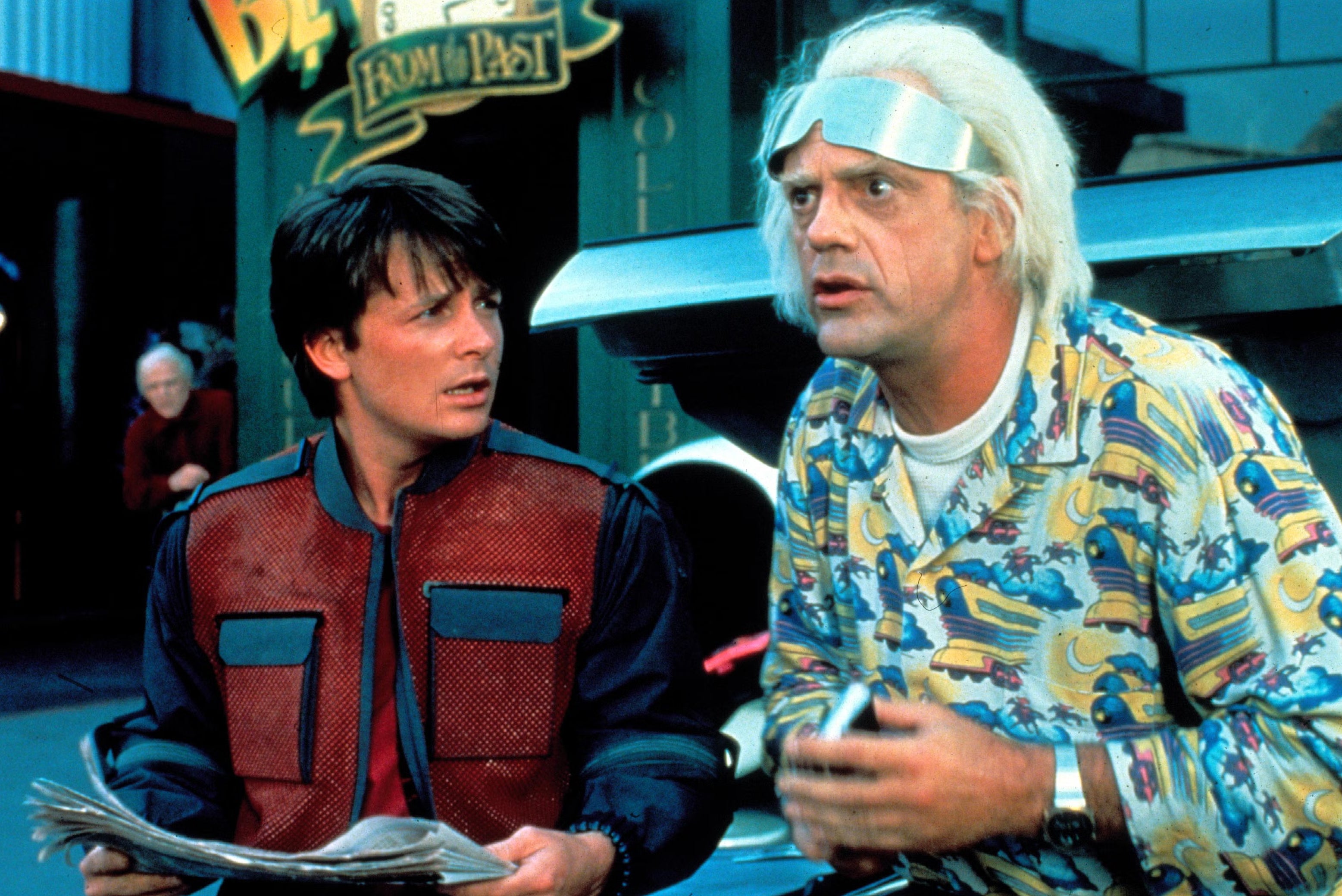 <p>Michael J Fox and Christopher Lloyd reprise their roles as Marty McFly and Doc Brown in ‘Back to the Future Part II’ </p>