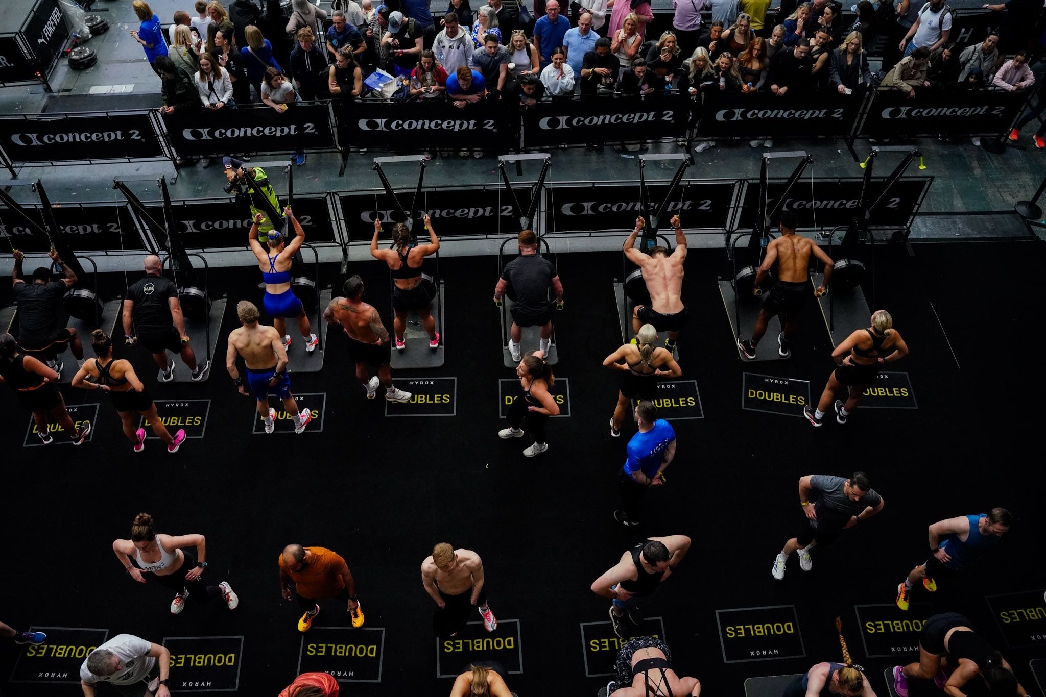 A bird’s eye view of the SkiErg station at a Hyrox event in London