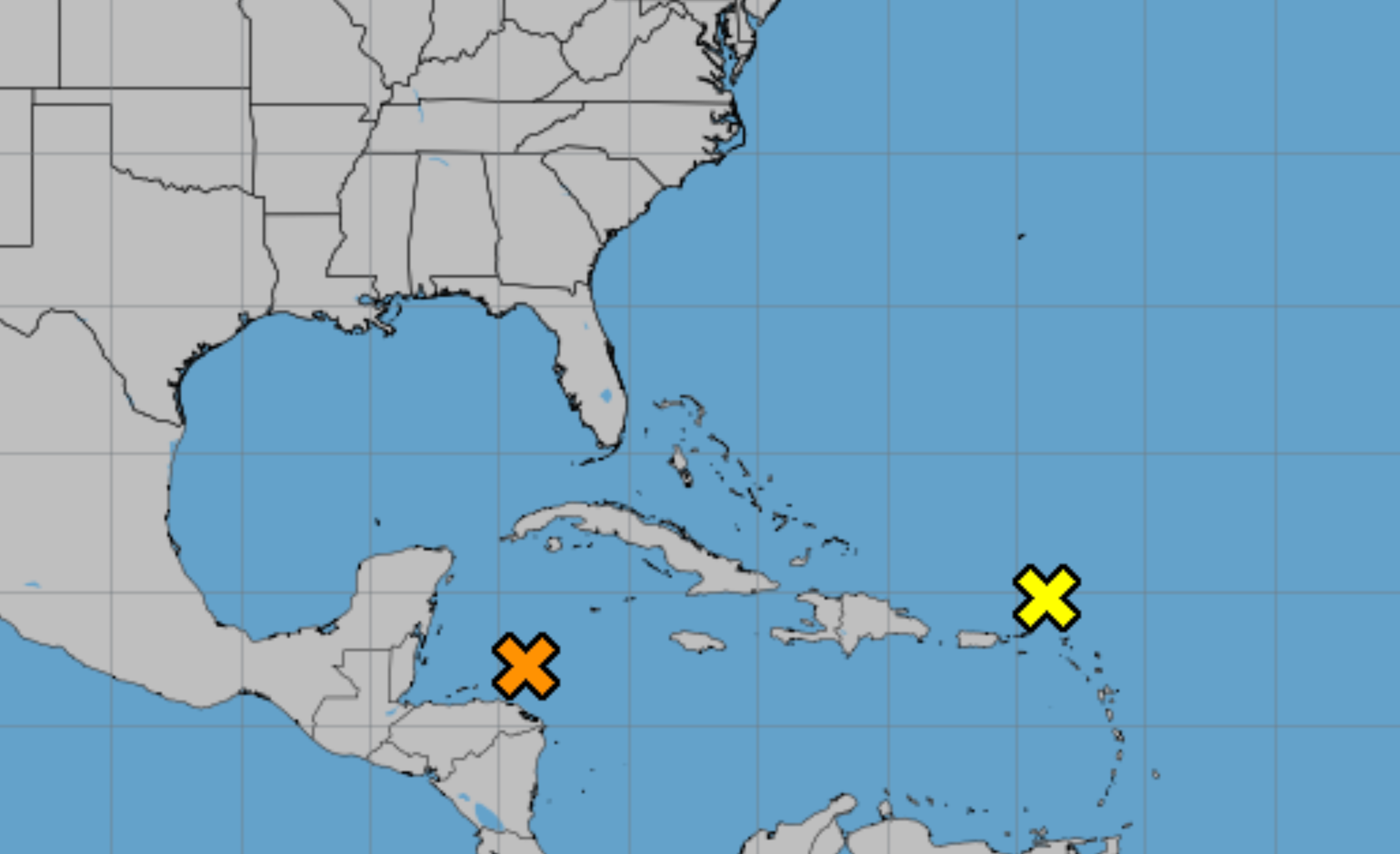 Meteorologists at the National Hurricane Center are watching two areas of disturbance over the Caribbean Sea and the Atlantic Ocean