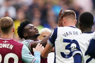 West Ham’s Mohammed Kudus received a red card against Spurs this season but is now the subject of a bid by them