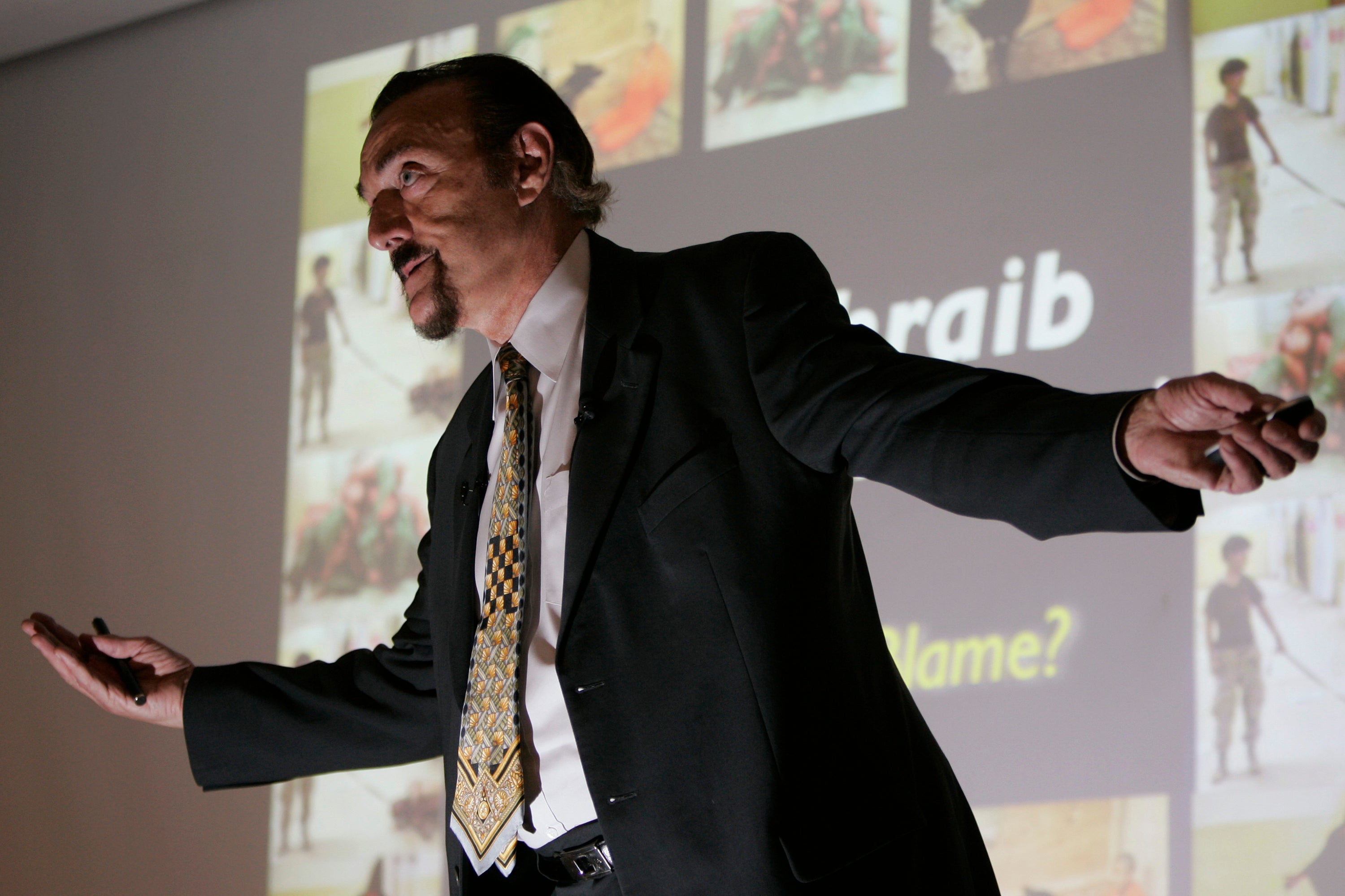 Stanford psychology professor Philip Zimbardo gives a lecture on Abu Ghraib prison on the Stanford University campus