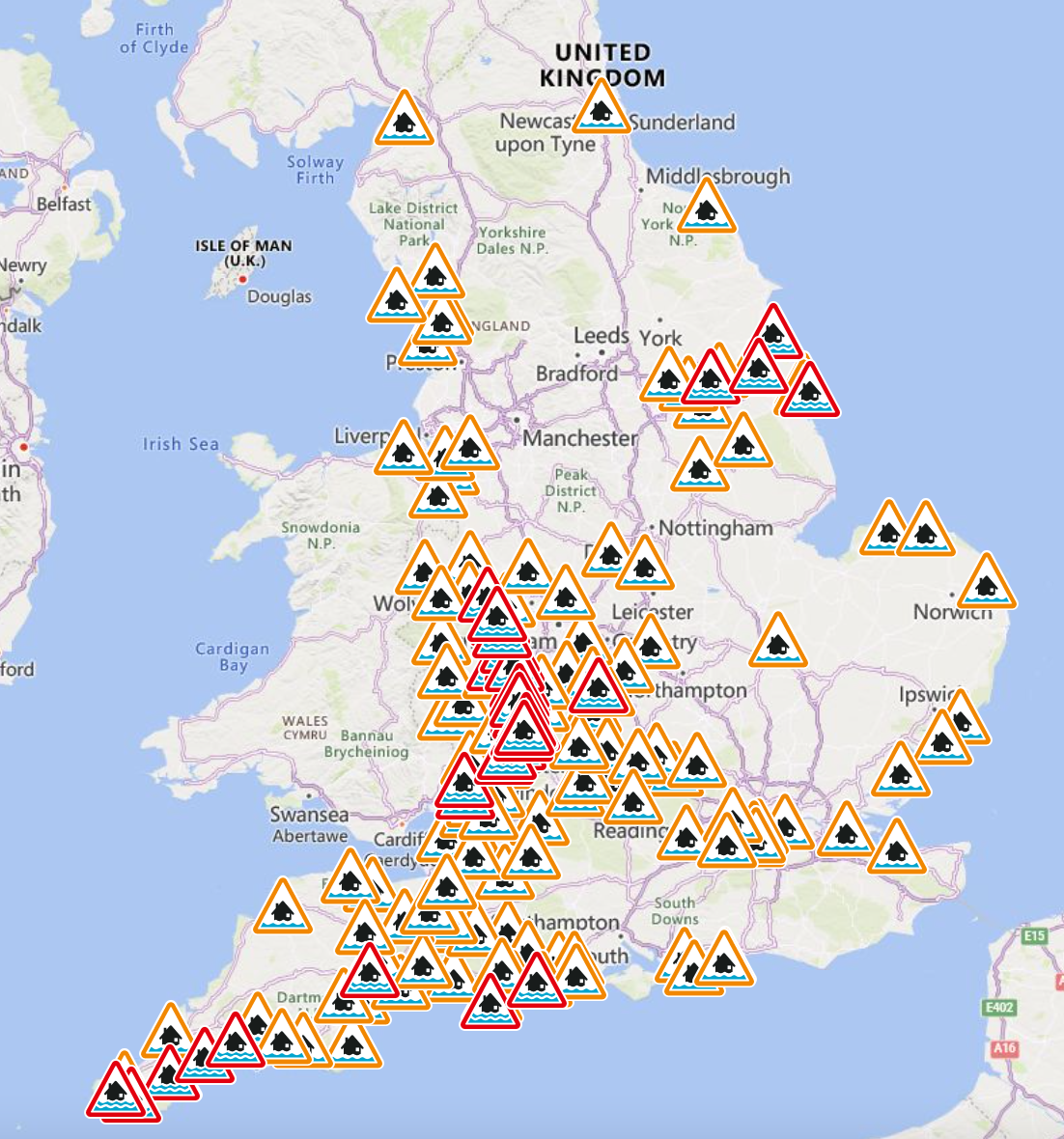 The Environment Agency has issued 38 flood warnings, in red, and 132 flood alerts, in amber