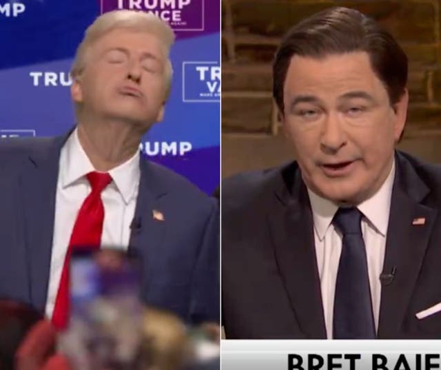 <p>James Austin Johnson appears as Donald Trump and Alec Baldwin appears at Bret Baier in a ‘Saturday Night Live’ skit mocking the former president’s dance-a-thon town hall</p>