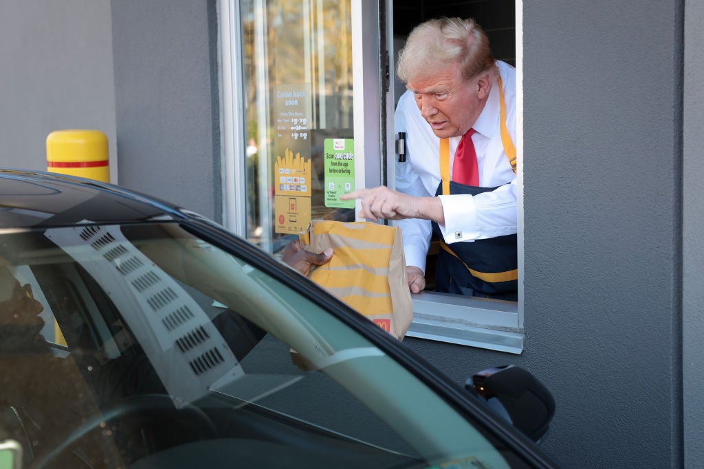 Donald Trump works the drive-thru at a McDonald’s during a campaign stop in Pennsylvania