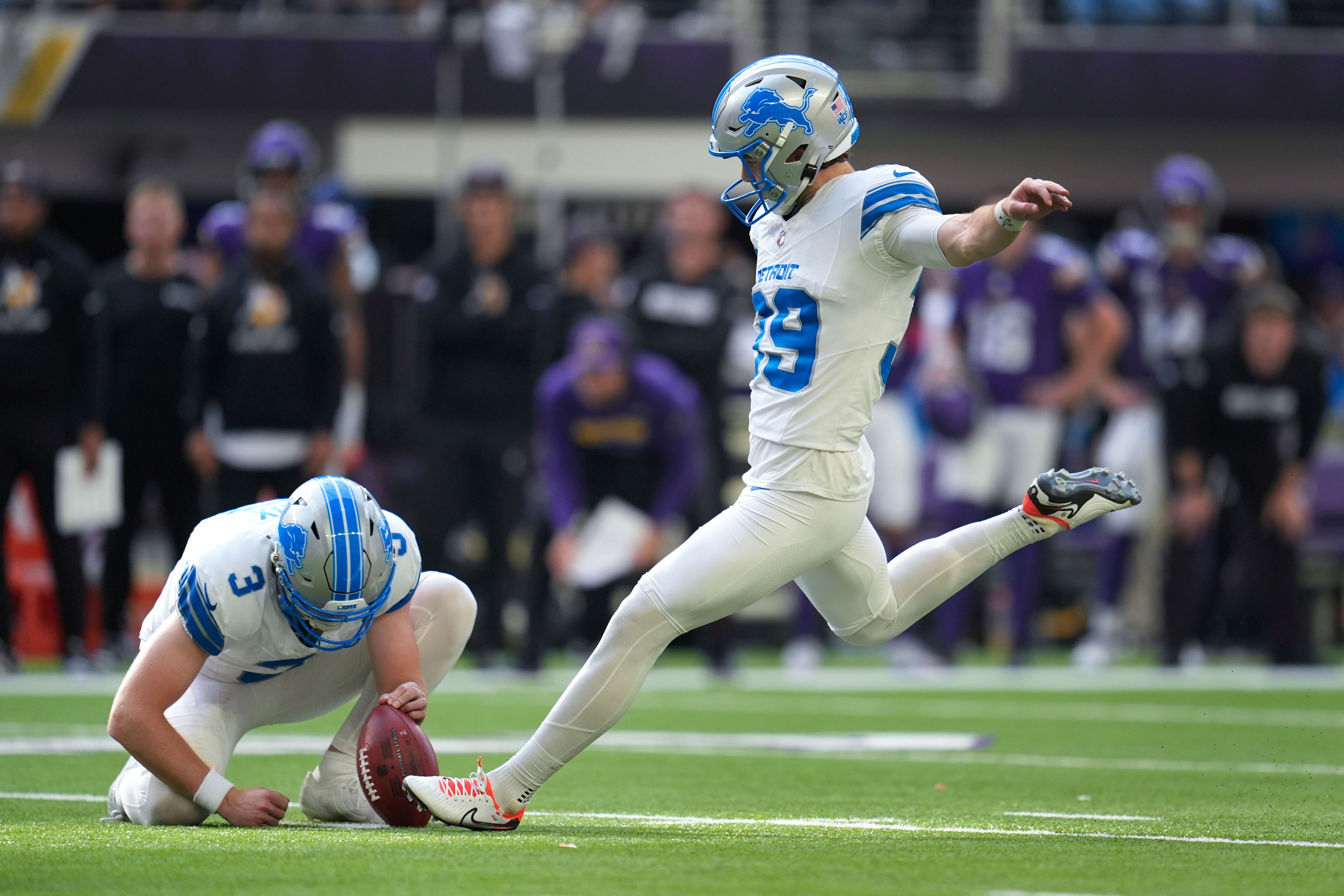 Detroit Lions place-kicker Jake Bates (39) kicks a 44-yard field goal to give his side victory over the Minnesota Vikings (Abbie Parr/AP)