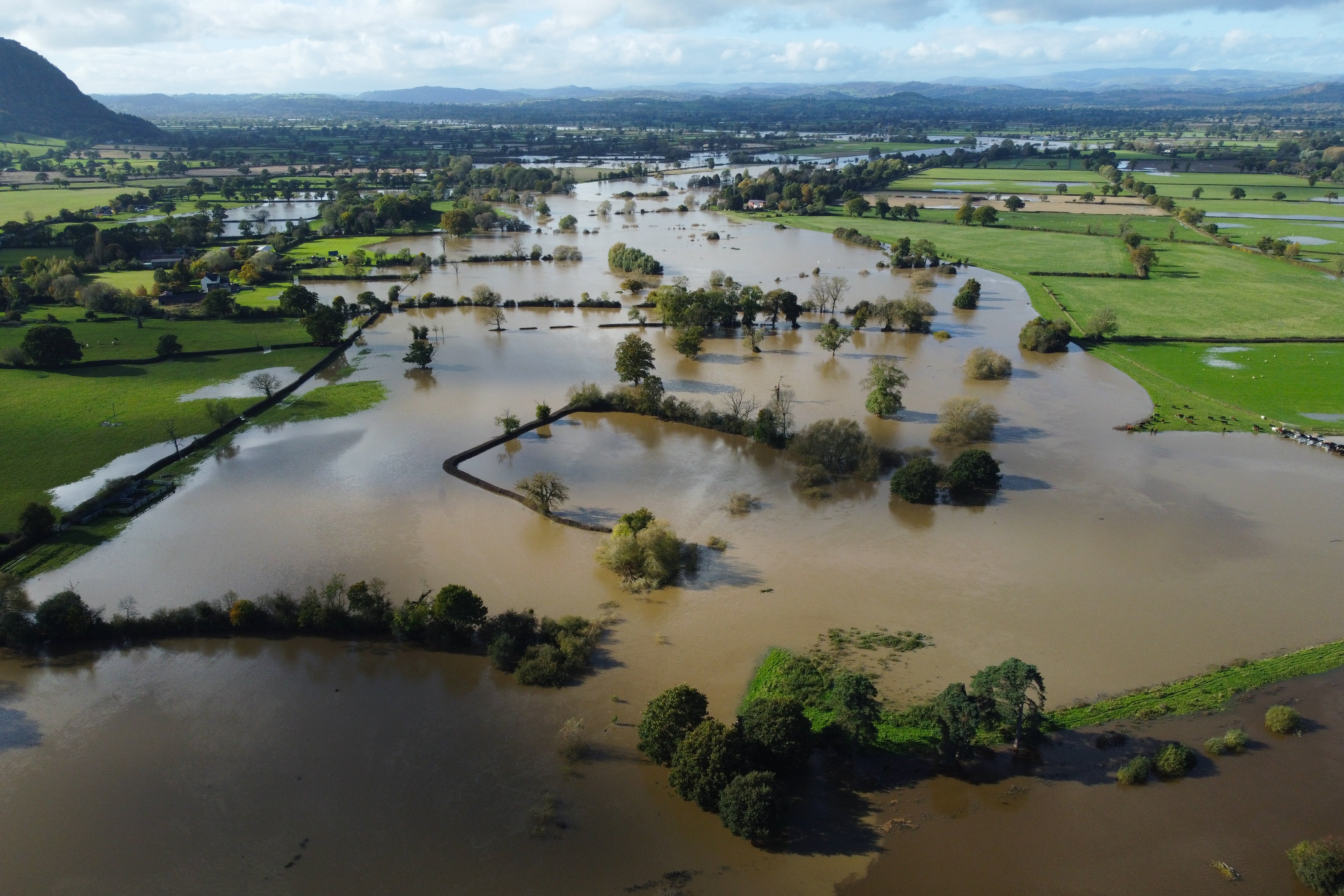 Aerial photo taken by drone of flooded fields along the River Severn at Melverley, near Oswestry, on Thursday.