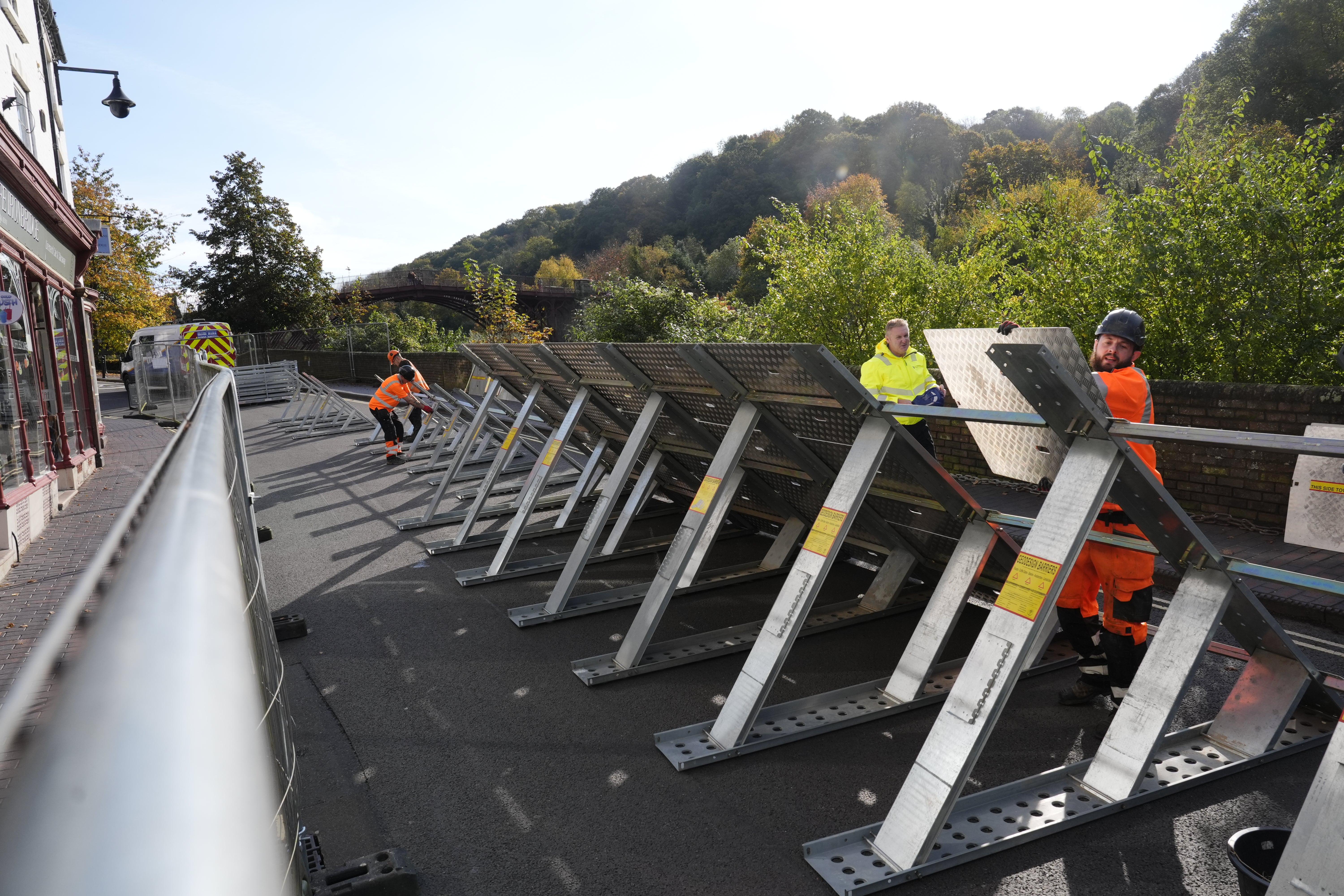 Flood defenses were installed along the docks next to the River Severn in Ironbridge on Friday.