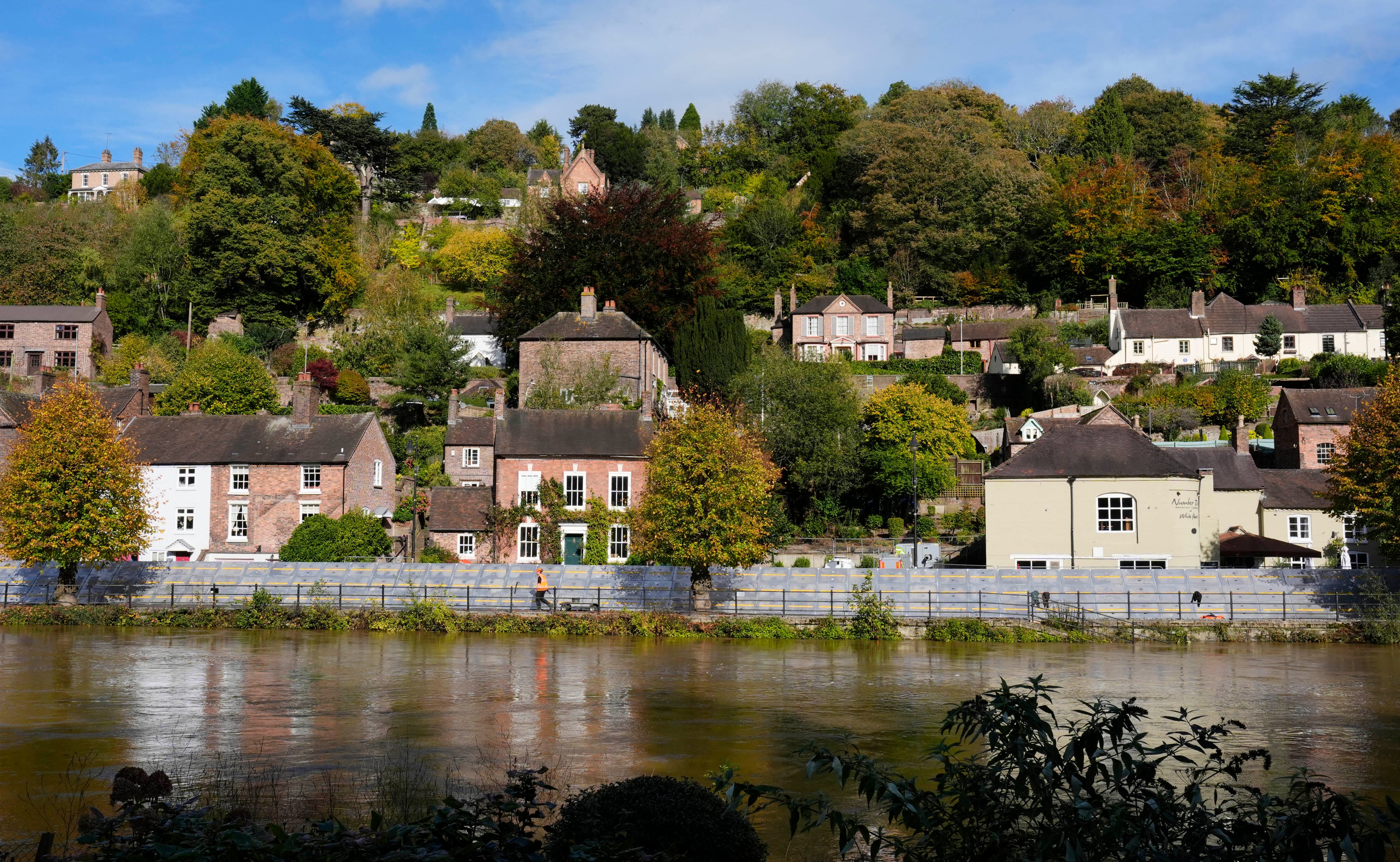 Flood defenses have been installed along the docks next to the River Severn in Ironbridge, pictured on Friday.