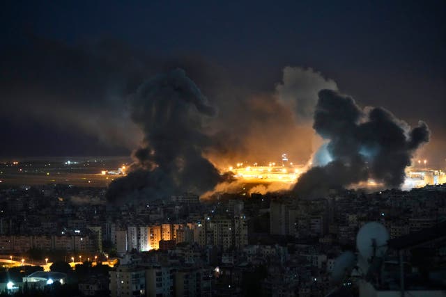 <p>Smoke rises from Israeli airstrikes on Dahiyeh, in the southern suburb of Beirut, Lebanon, on Sunday </p>