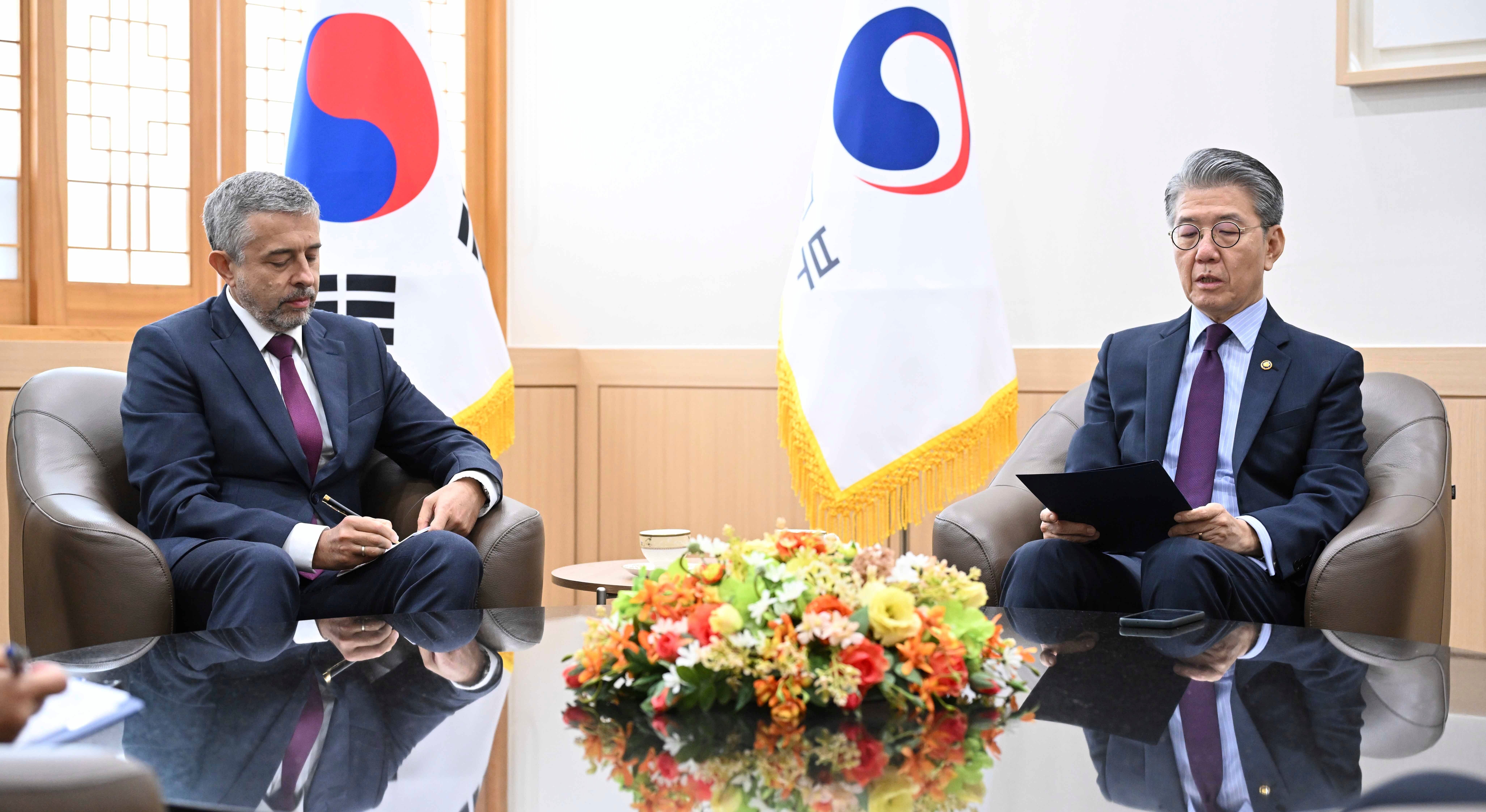 South Korea’s vice overseas   minister, right, meets with Russian ambassador to South Korea astatine  the Foreign Ministry successful  Seoul