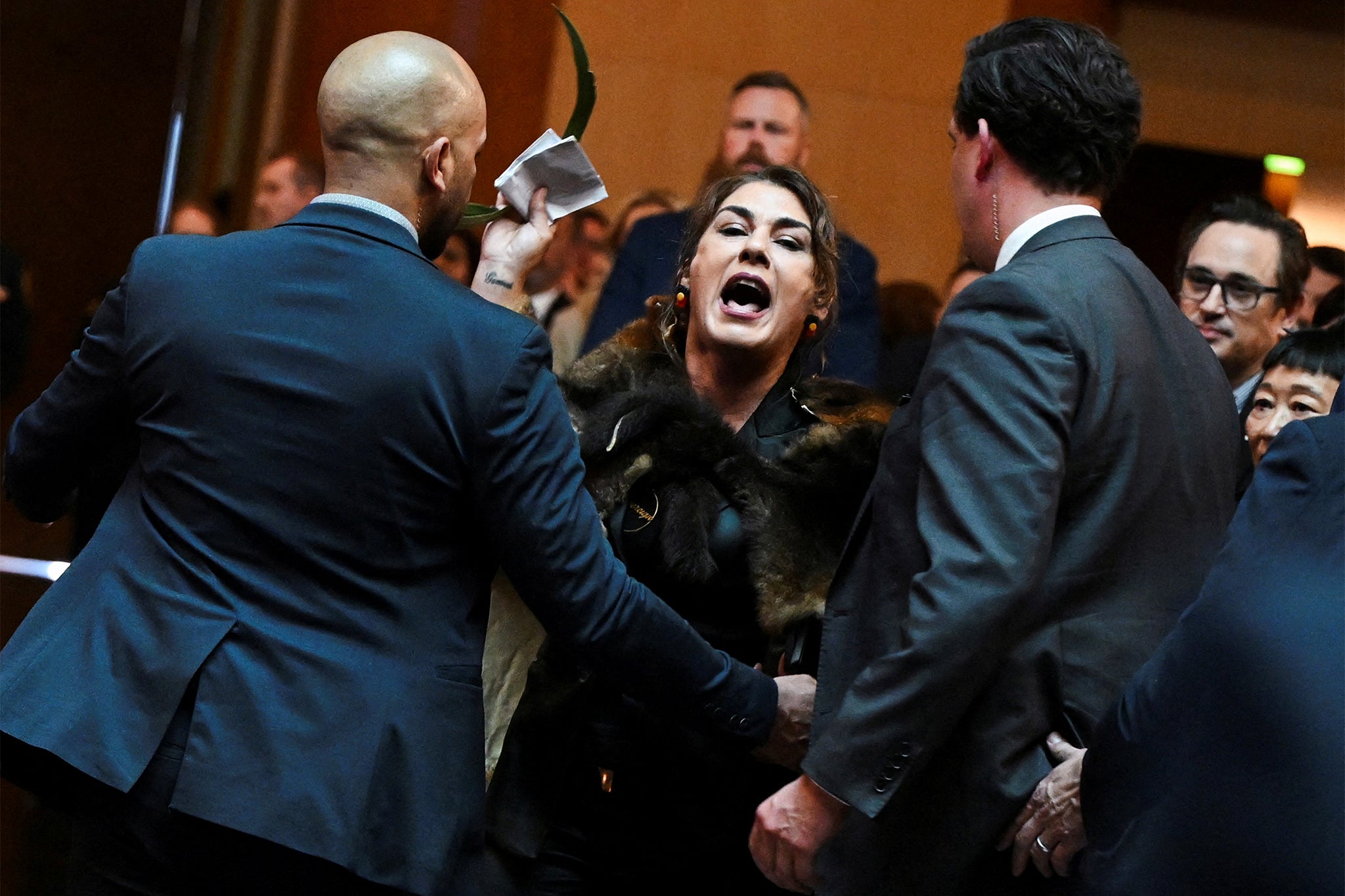 Lidia Thorpe stages a protest as King Charles and Queen Camilla attend a parliamentary reception in Canberra, Australia, on 21 October 2024