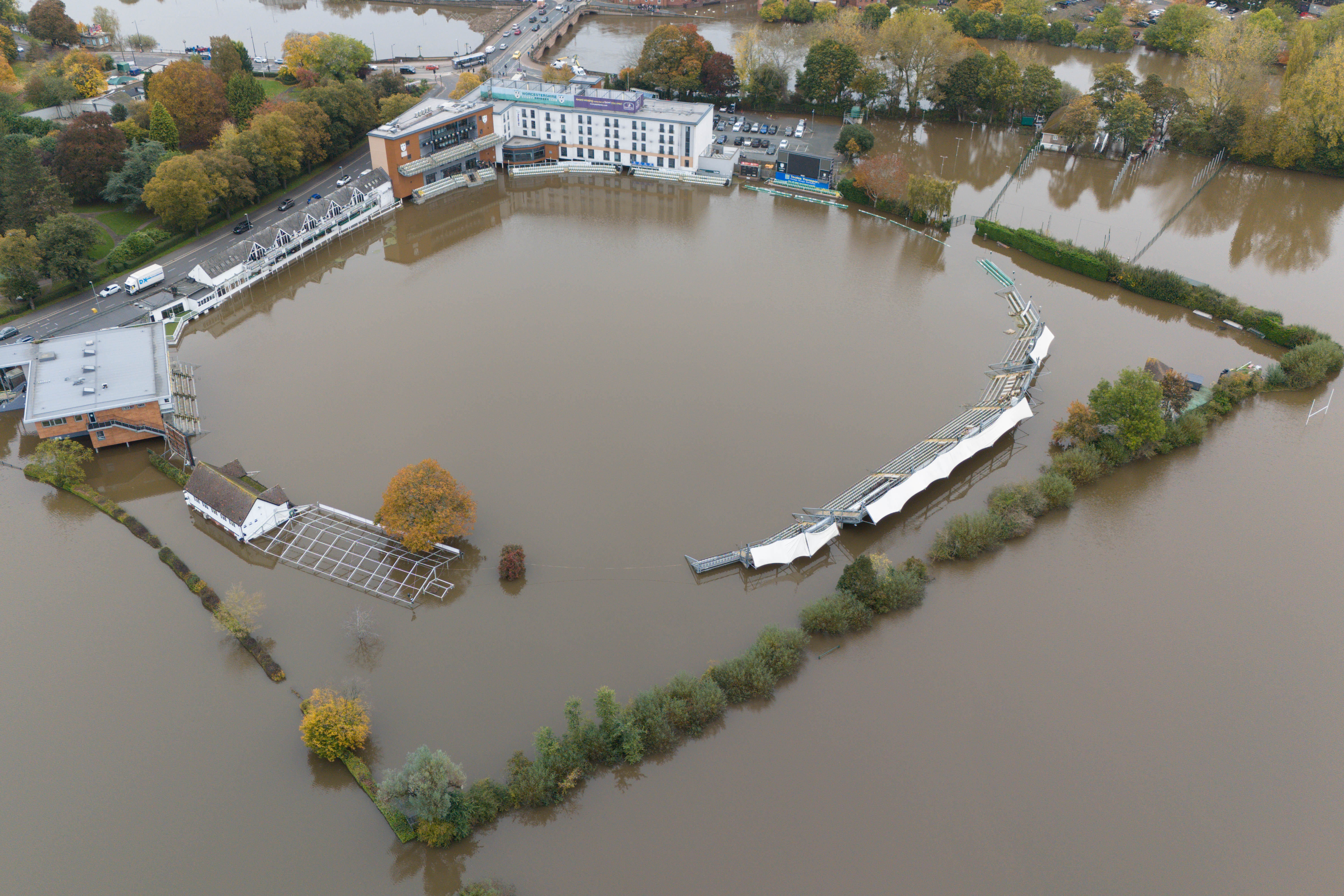 An aerial view shows a flooded New Road cricket pitch in Worcester, home of Worcestershire CCC