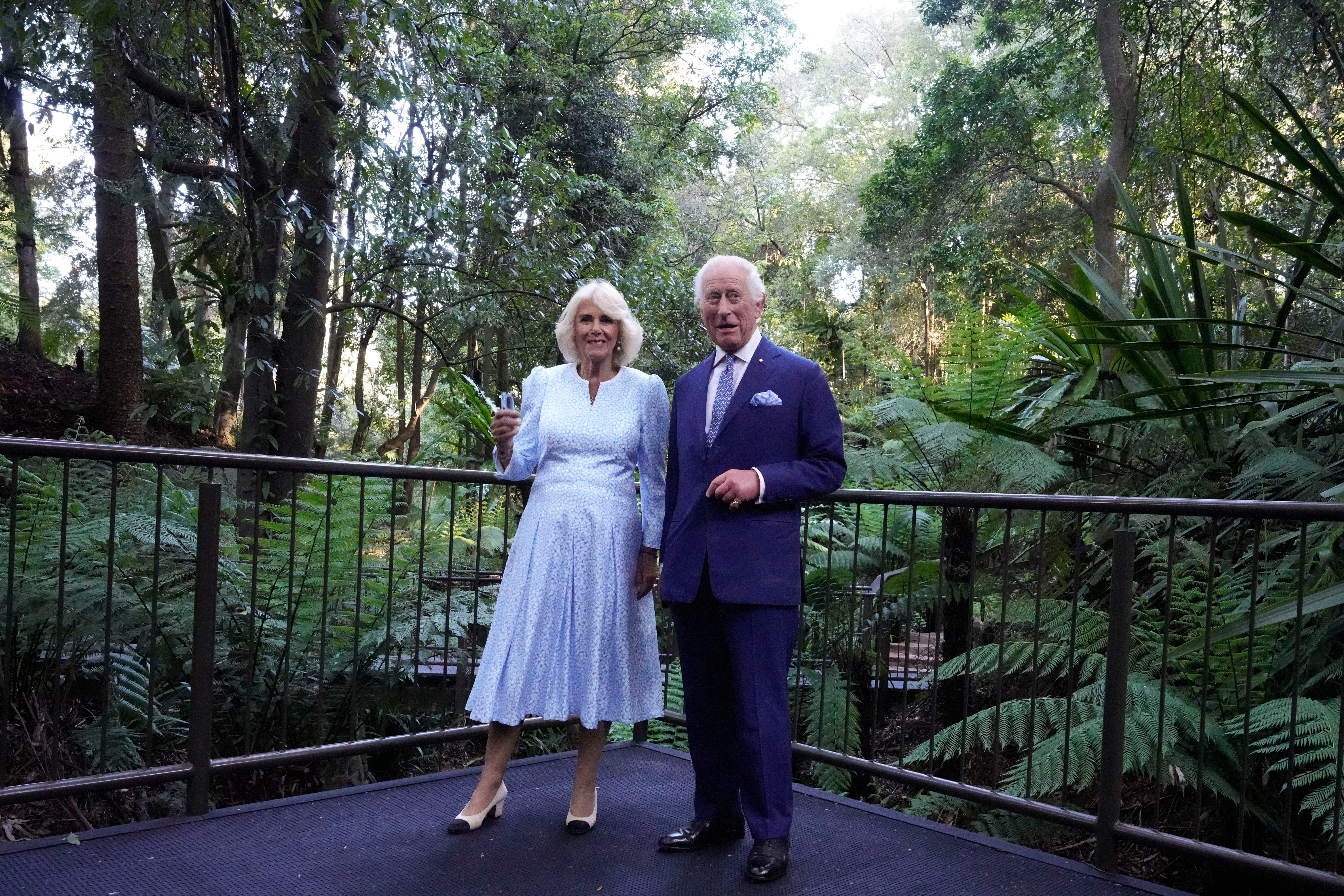 Raja Charles III dari Inggris, dan Ratu Camilla, mengobrol saat mereka berjalan melintasi Rainforest Gully di Australian National Botanic Gardens di Canberra,