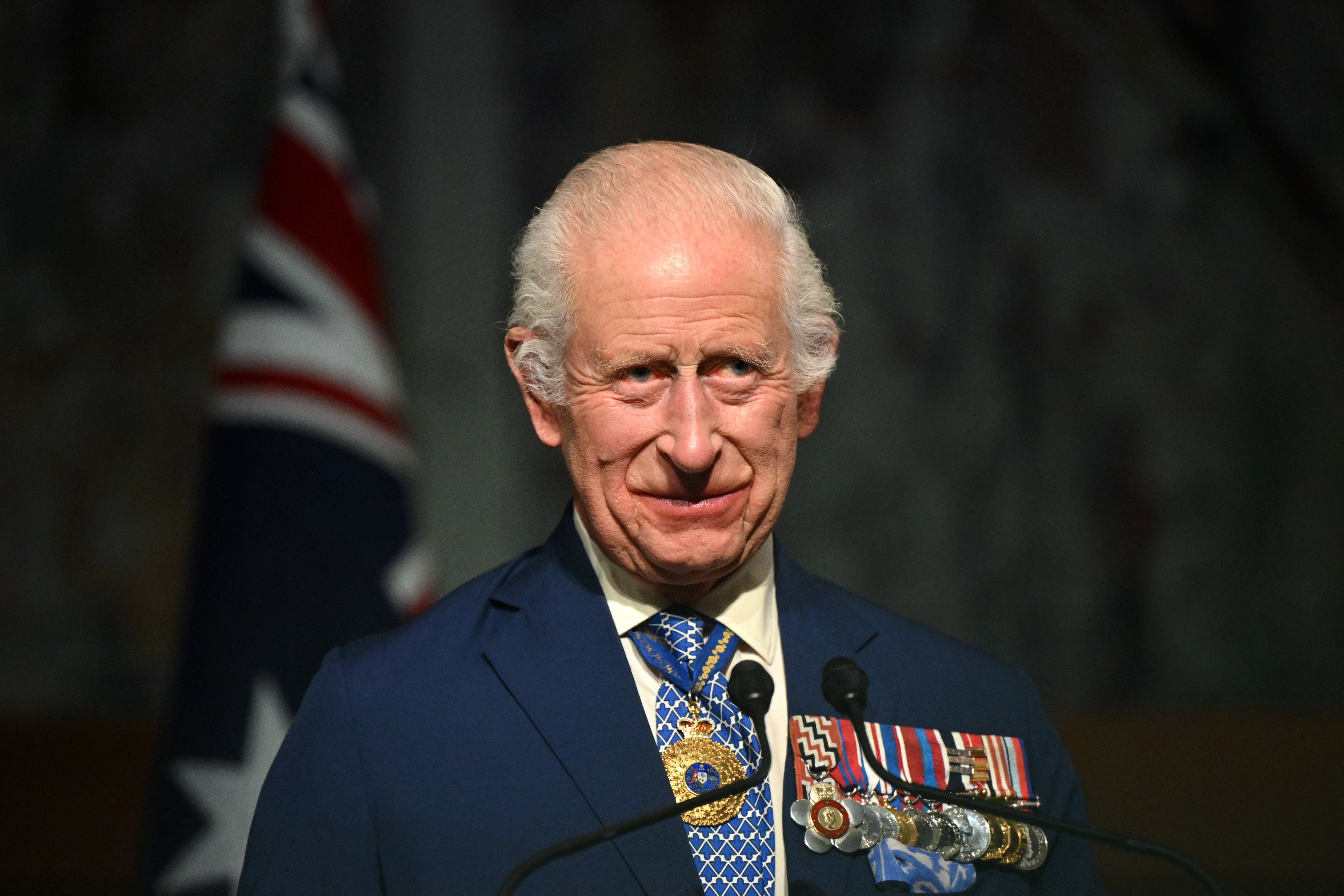 King Charles during the Ceremonial Welcome to Australia at Australian Parliament House in Canberra (Victoria Jones/PA)