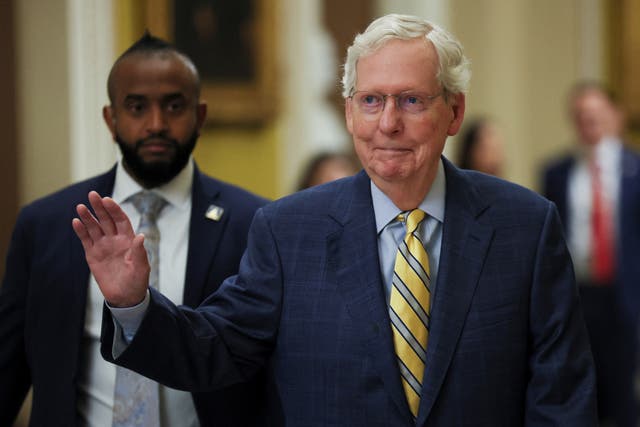 <p>Senate Minority Leader Mitch McConnell (R-KY) waves as he walks at the Capitol before the arrival of Ukraine's President Volodymyr Zelenskiy for a meeting with Congressional leaders. It’s now been revealed that McConnell backed Special Counsel Jack Smith and his charges against Donald Trump, according to a new book  </p>