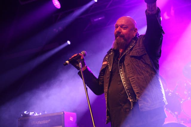 <p>Former Iron Maiden frontman Paul Di’Anno, who has died at the age of 66, performing at Sweden Rock Festival in June 2014 </p>