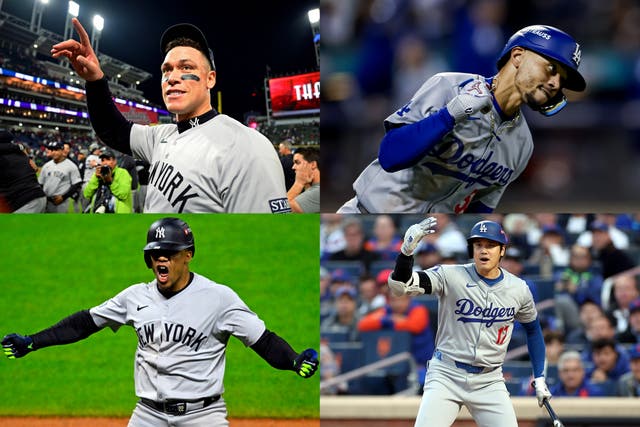 <p>Aaron Judge (top left) and Juan Soto (bottom left) of the New York Yankees will face off with Shohei Ohtani (bottom right) and Mookie Betts (top right) of the Los Angeles Dodgers in the 2024 World Series</p>