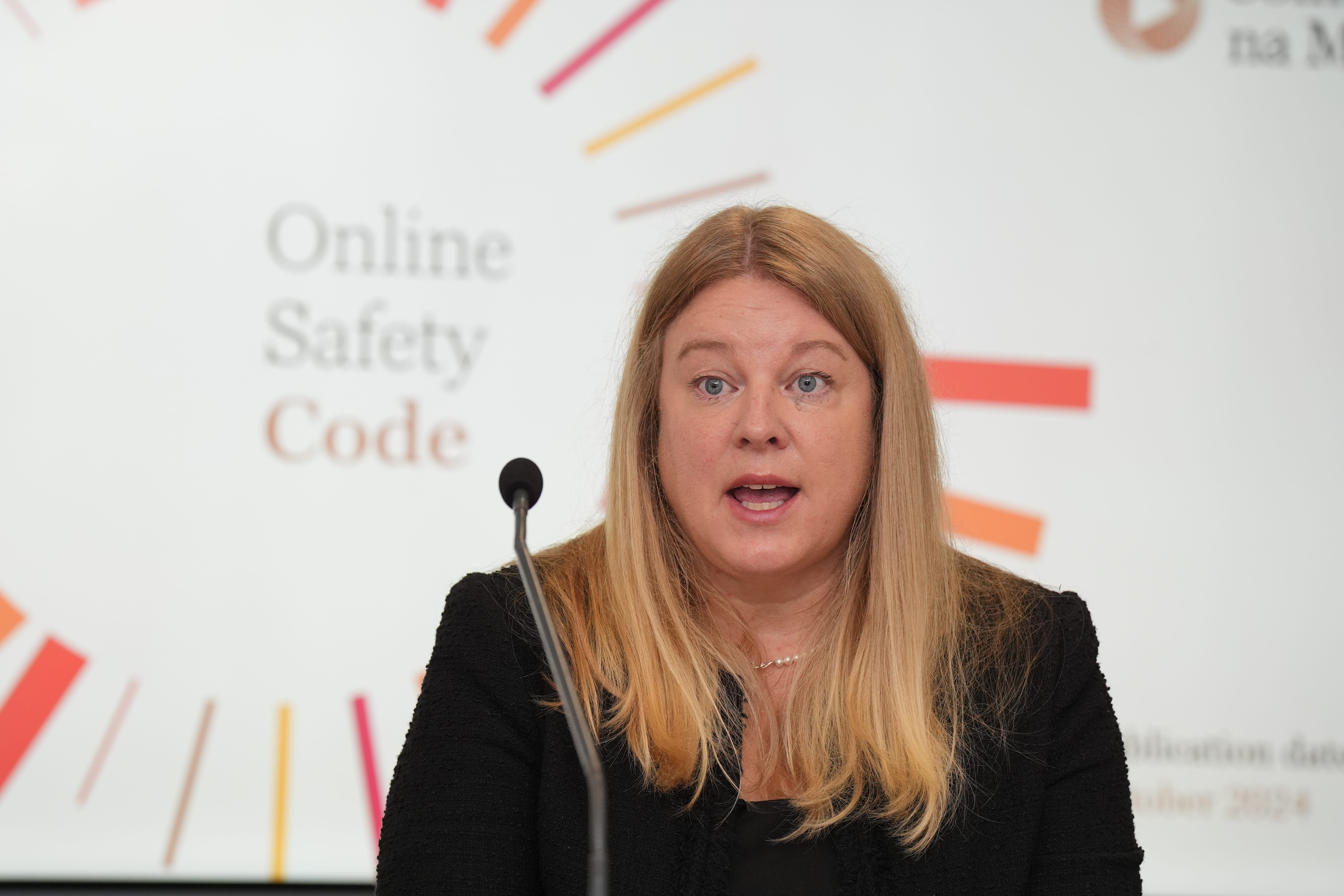 Niamh Hodnett, the Online Safety Commissioner from Coimisiun na Mean, speaking at the launch of the Online Safety Code at Coimisiun na Mean in Dublin (Niall Carson/PA)